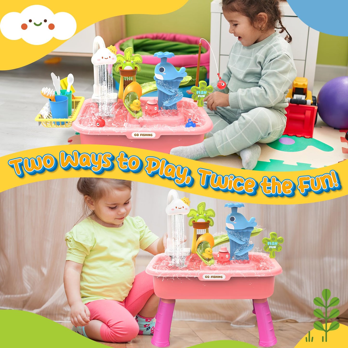 21" H Play Sink with Running Water, 4-in-1 Kids Kitchen Sink Toy with Electric Faucet, Mini Water Table with Detachable Legs, Fishing Game, Pretend Play Dishwasher Gift Set for Boys & Girls(Pink)