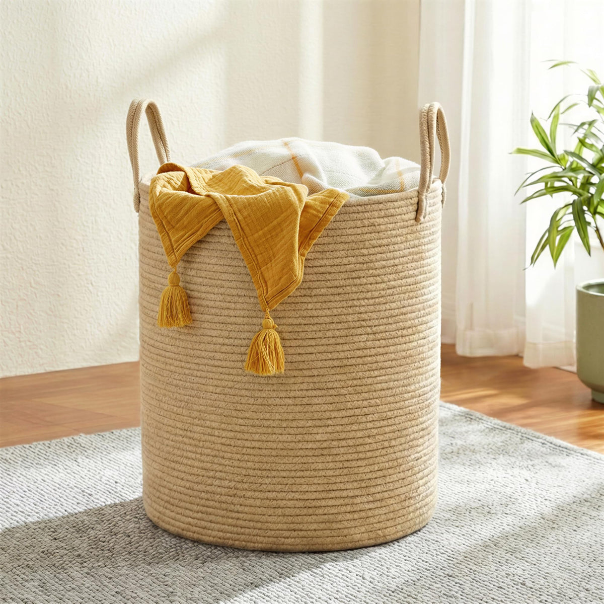 SONGMICS Laundry Hamper, Cotton Rope Laundry Basket with Handles, for Children, Toys, Clothing, Living Room, Bedroom, 60 L, 35 x 35 x 50 cm , Yellowish Brown URLH061KZ01