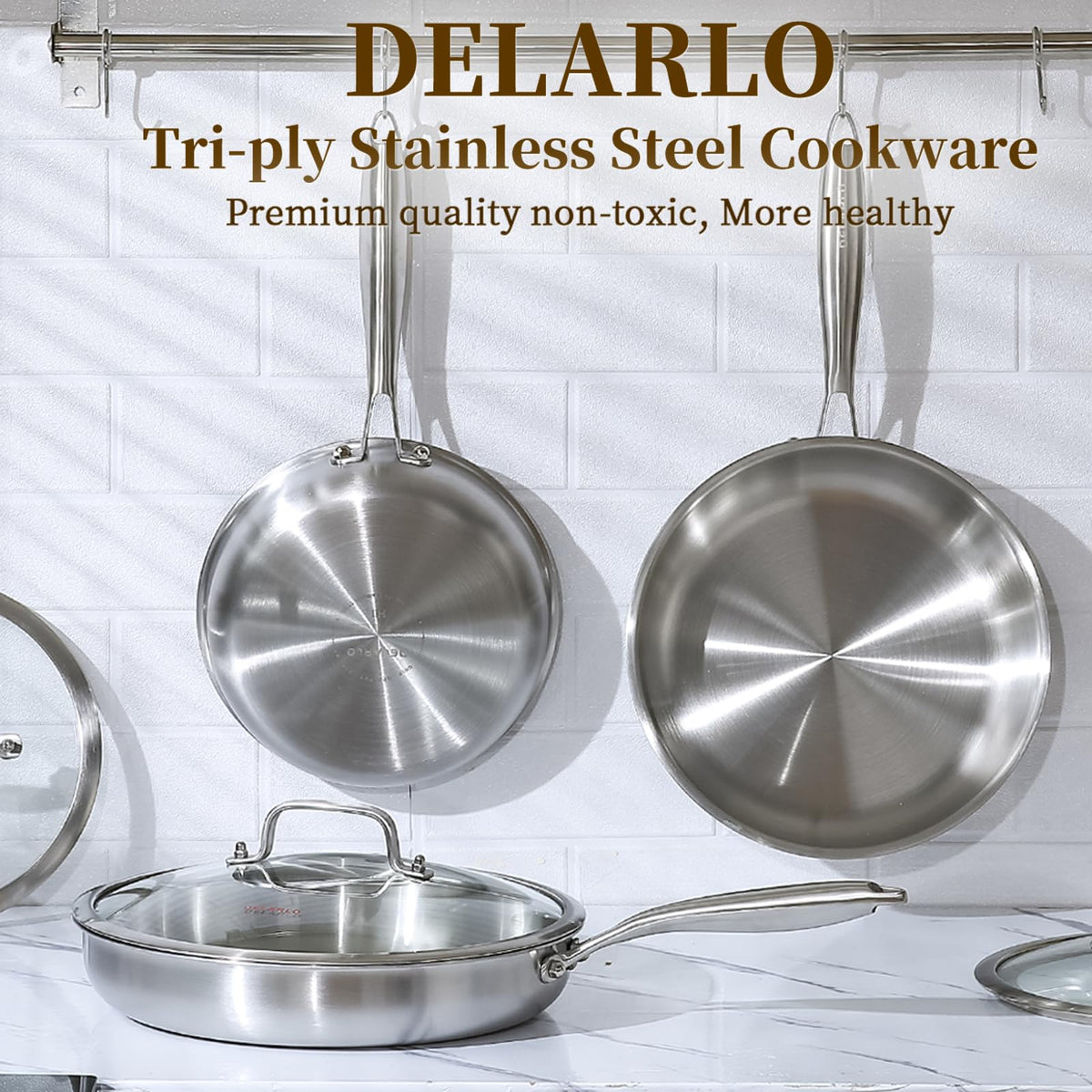 DELARLO Stainless Steel Pan丨10 Inch Skillet with Lid丨Oven Safe Up to 600℉丨Triply Stainless Steel Cookware丨Stainless Steel Pan 10 in丨Induction Compatible丨Fast Even Heat丨Large Cooking Surface