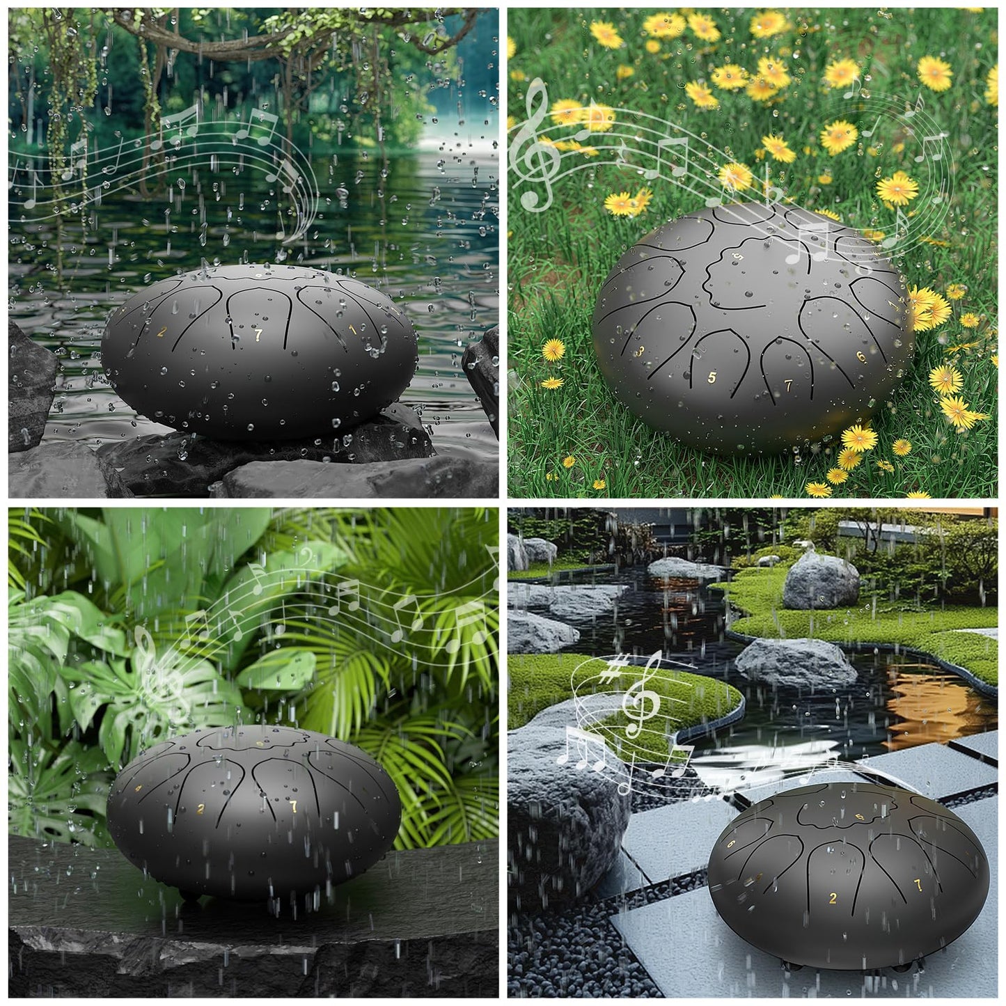 Rain Drum for Outside Garden, 8 Inches 11 Notes Steel Tongue Chakra Drum, Waterproof Meditation Rain Chime, Musical Instruments for Adult Gift with Bag, Music Book, Mallets (Black)