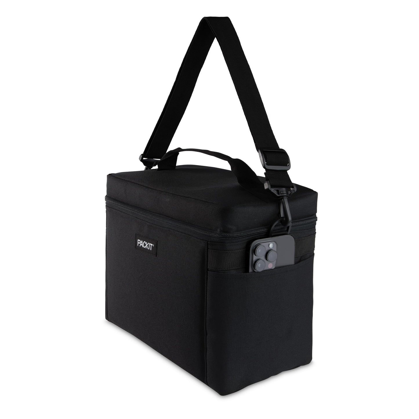 PackIt Freezable Newport Cooler, Black, Collapsible, Reusable, Built with ECOFREEZE® Technology, Wide Top Opening, Double Zip Closure, with Adjustable & Removable Shoulder Straps for Easy Carrying