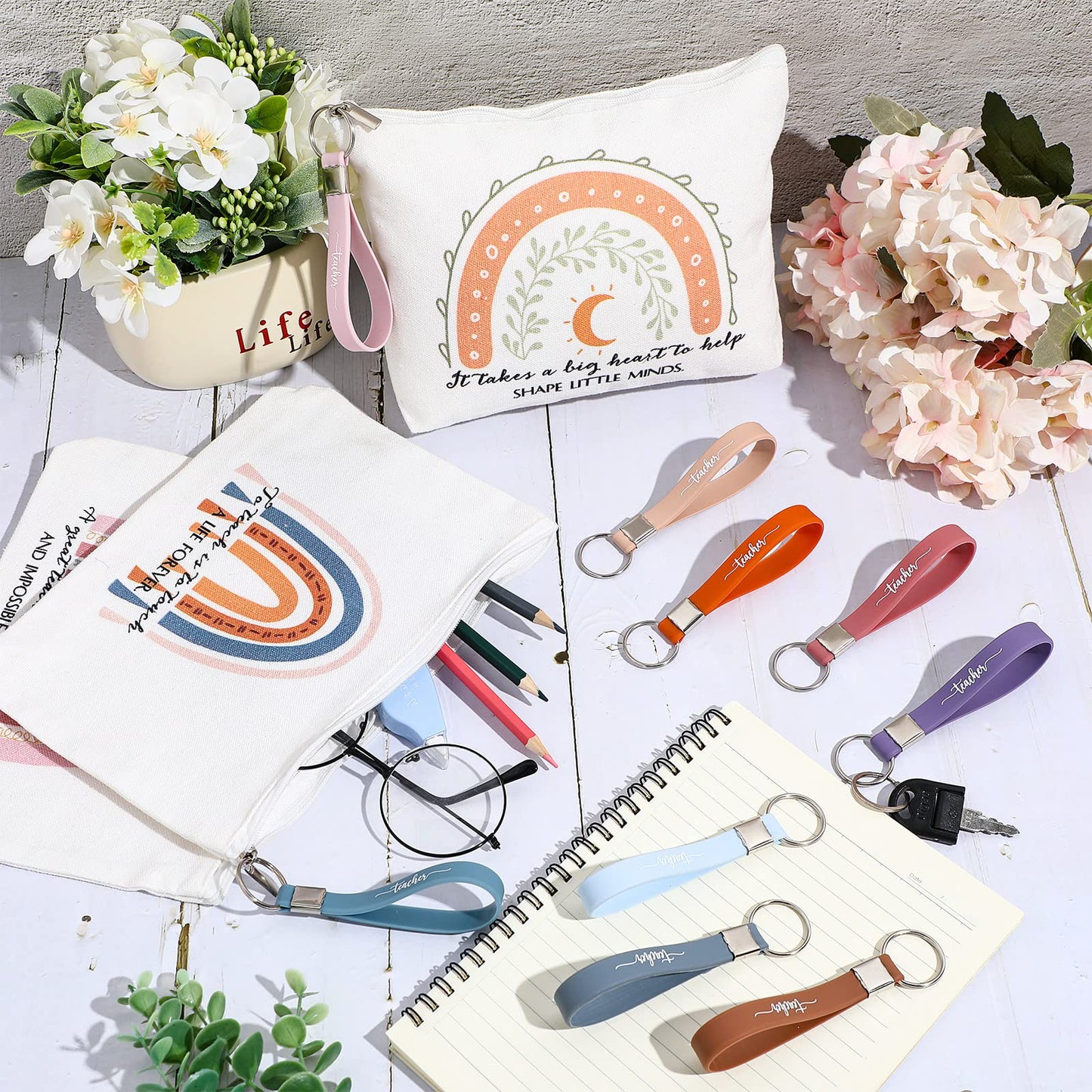 Fumete 20 Pcs Teacher Gift Inspirational Rainbow Makeup Bag Rainbow Silicone Keychains Bulk Zipper Canvas Teacher Pencil Pouch for Employee Appreciation Thank You Gifts Thanksgiving Christmas