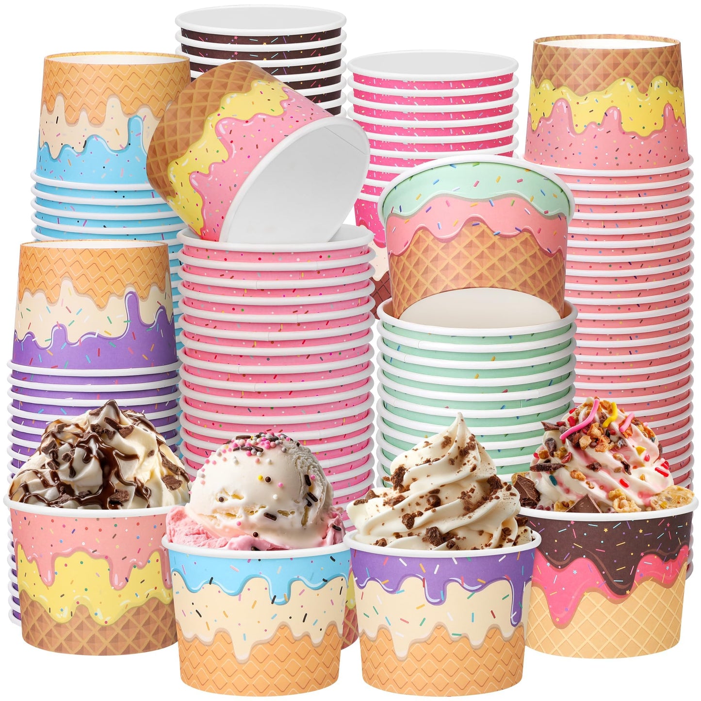 Kochorie 120 Pieces Paper Ice Cream Cups 8 Ounces Disposable Dessert Bowls Ice Cream Containers Sundae Bowls Party Supplies Treat Cups for Hot and Cold Sundae Soup Frozen Yogurt, 6 Designs