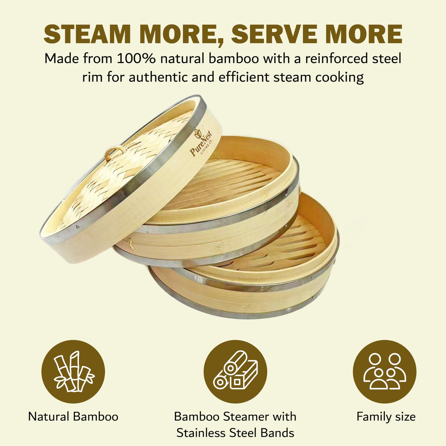 PureNest Living Co. 10 inch Bamboo Steamer Basket, 2-Tier Dumpling Steamer with Stainless Steel Band, Includes 2 Silicone Liners & 2 Pairs Chopsticks, Eco-Friendly Asian Food Steaming.