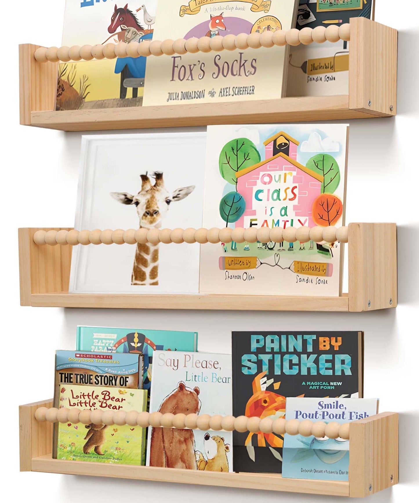 TUEGEGNS Nursery Book Shelves for Kids Rooms with Beads Set of 3,Wooden Floating Wall Bookshelves for Kids (Set of 3 Natural)