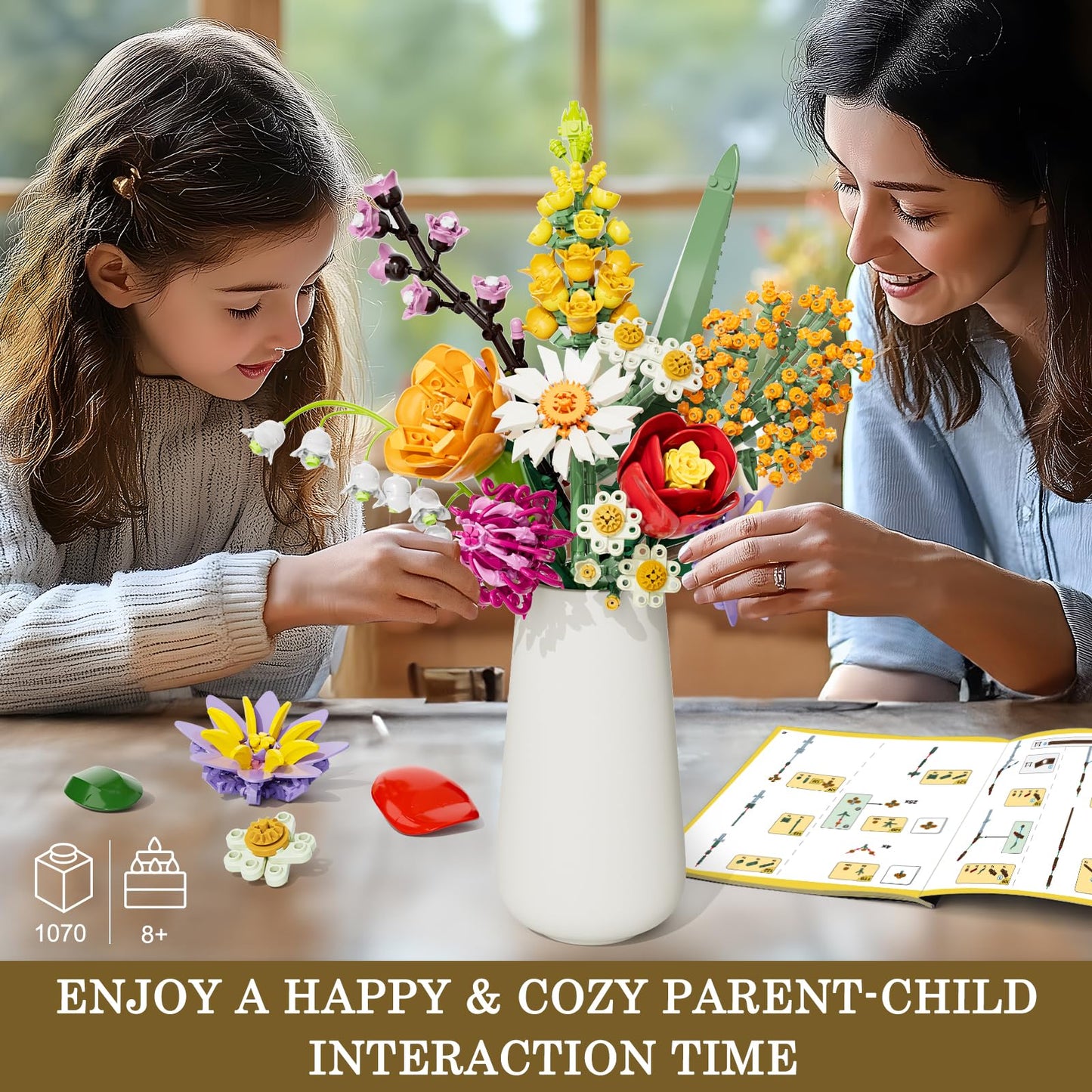 Flowers Bouquet Building Set, 1070PCS Wildflower Botanical Collection, Artificial Plant Flower Kit Toy for Adults Kids Women Her, Home Decor Gift for Birthday, Valentine's Day, Christmas (No Vase)