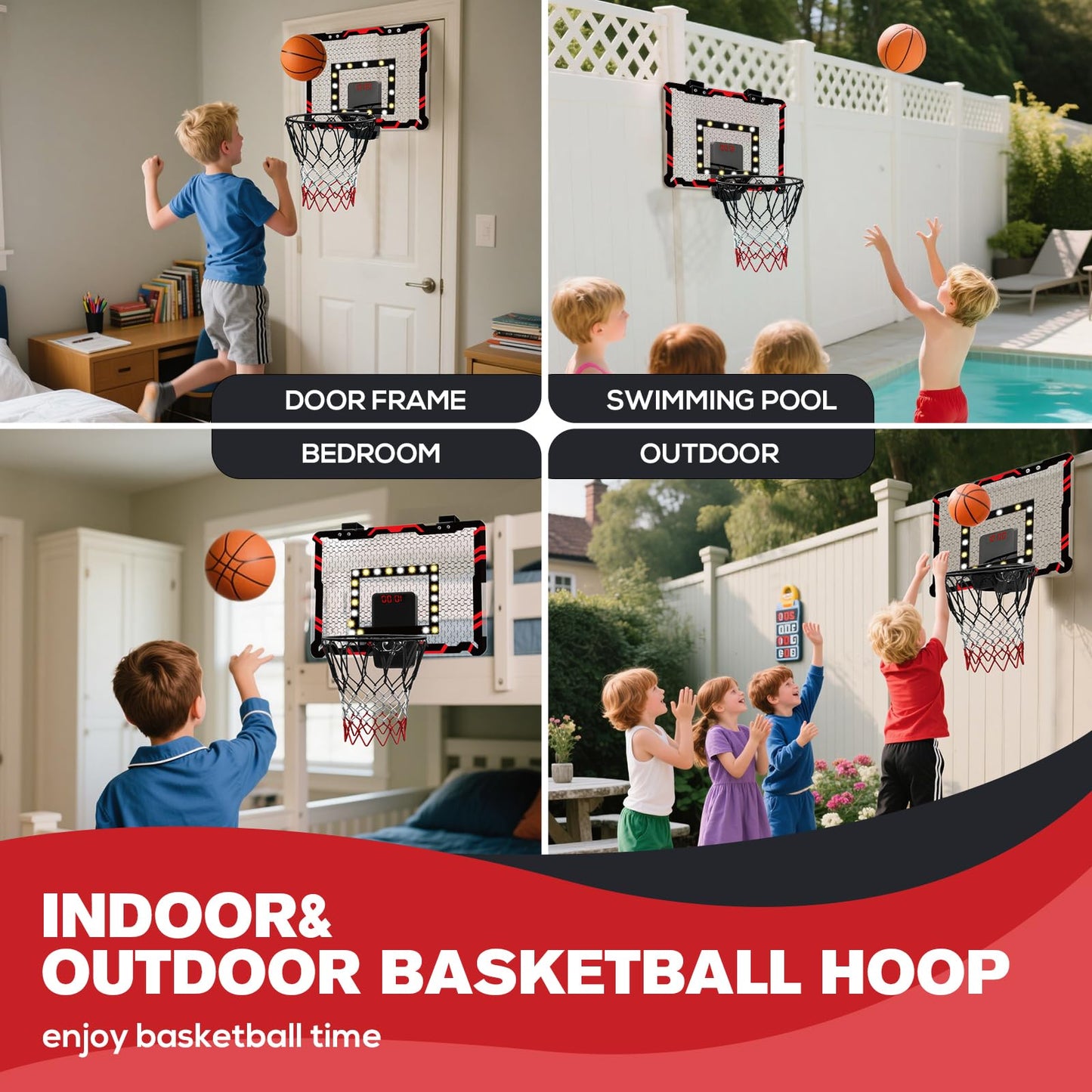Basketball Hoops for Kids (4-12 Years Old), Indoor Basketball Hoop Wall Mounted with LED Lighting, Over The Door Basketball Hoop with Scoreboard & 3 Balls, Mini Hoops Basketball for Kids Toys