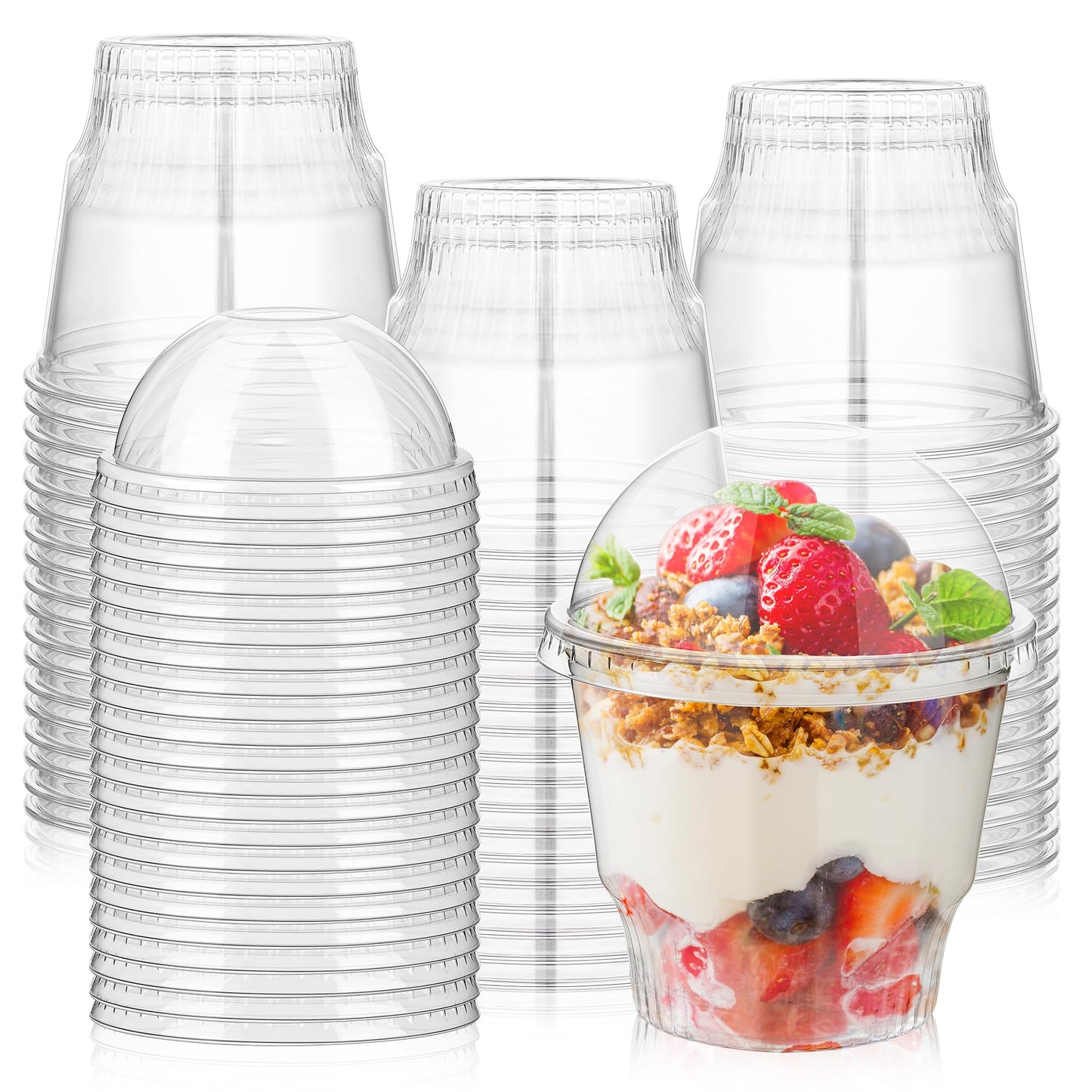 100 Pcs 12 oz Clear Plastic Dessert Cups with Dome Lids No Hole, Disposable Plastic Yogurt Parfait Cup, Crystal PET Fruits Cups with Lid for Pudding Ice Cream Snack Jello Party Birthday Wedding