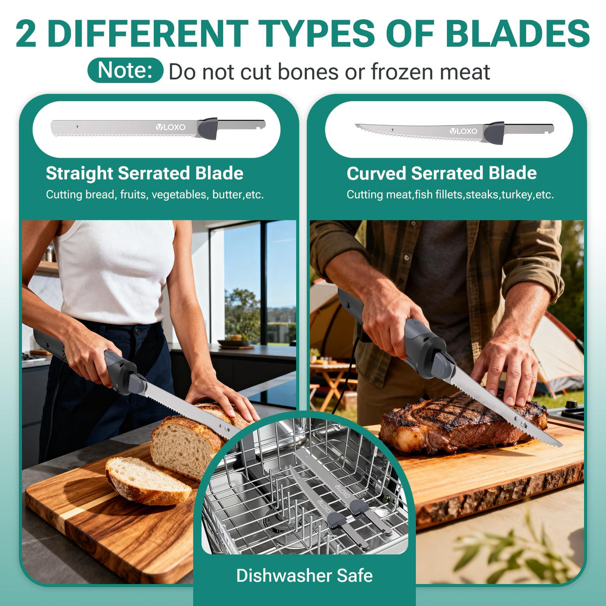VLOXO Cordless Electric Knife, Rechargeable Electric Knife with 2 Ti-Nitride S.S. Coated Non-Stick Blades Non-Slip Handle Safety Lock Electric Carving Knives for Bread Turkey