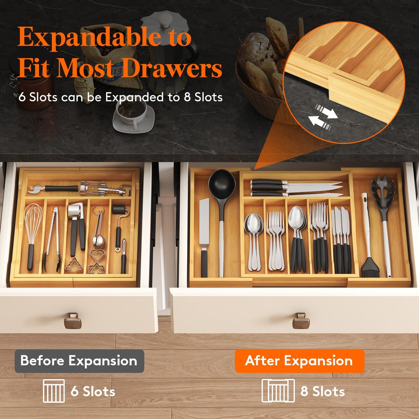 Lifewit Large Cutlery Drawer Organizer, Expandable 13" to 22.4" Utensil Holder for Kitchen, Bamboo Flatware and Silverware Tray, Wood Adjustable Storage for Spoons Forks Knives, Natural