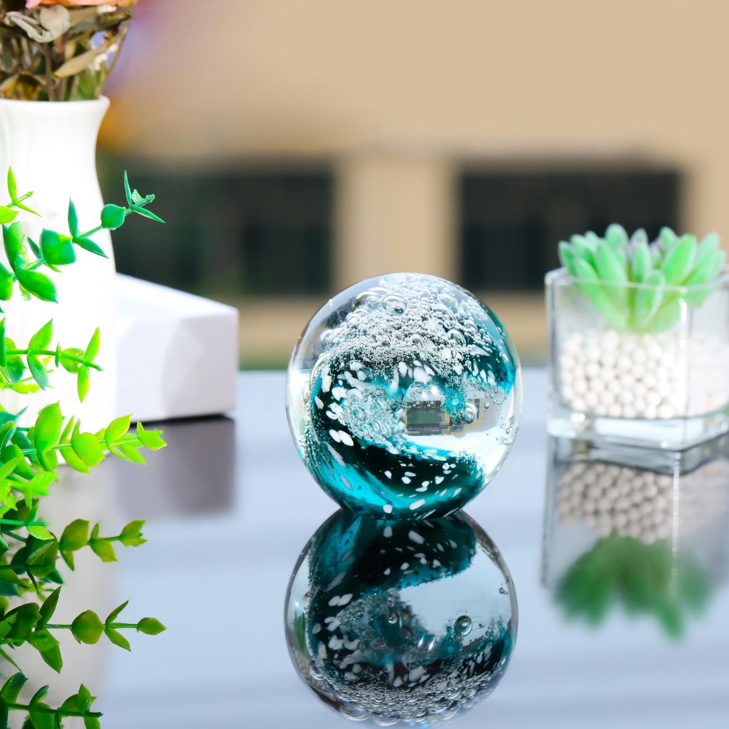 Qianwei Hand Blown Glass Figurines Ball Ocean Waves,Paperweight Glass Ball,Home Decor Collectible,Aquarium Decor,Office Decor Ocean Lovers