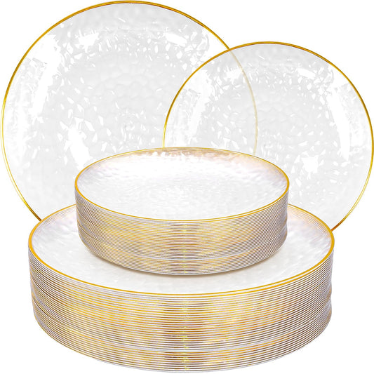 100Pcs Clear Gold Plastic Plates, Clear Disposable Plate with Gold Rim, Heavy-Duty Hammered Plastic Plates for Party Wedding
