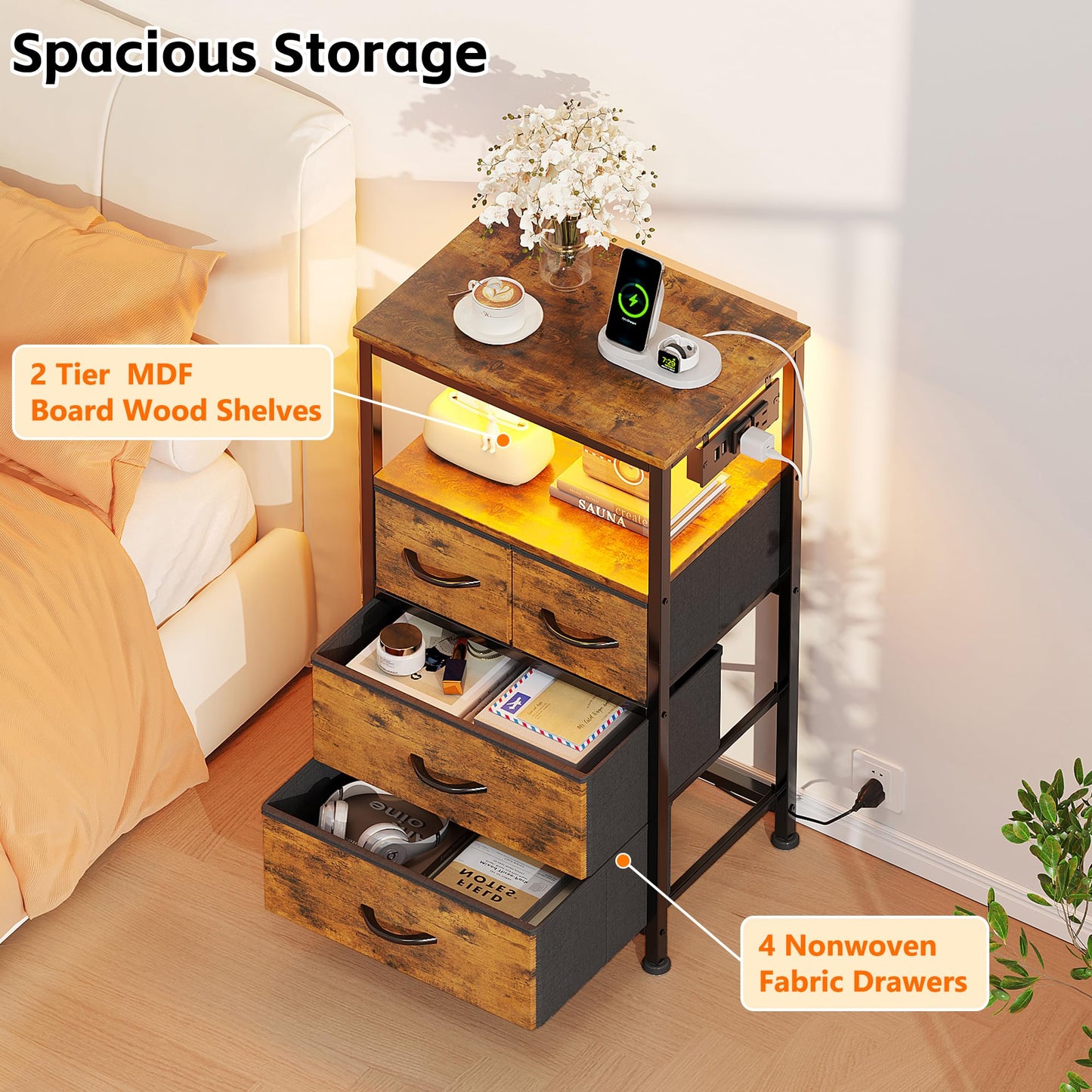 Flrrtenv Dresser for Bedroom, Night Stand with Charging Station, LED Nightstand with 4 Drawers, Tall Commode de Chambre for Bedroom, Bedside Table with Storage Shelf for Living Room, Rustic Brown