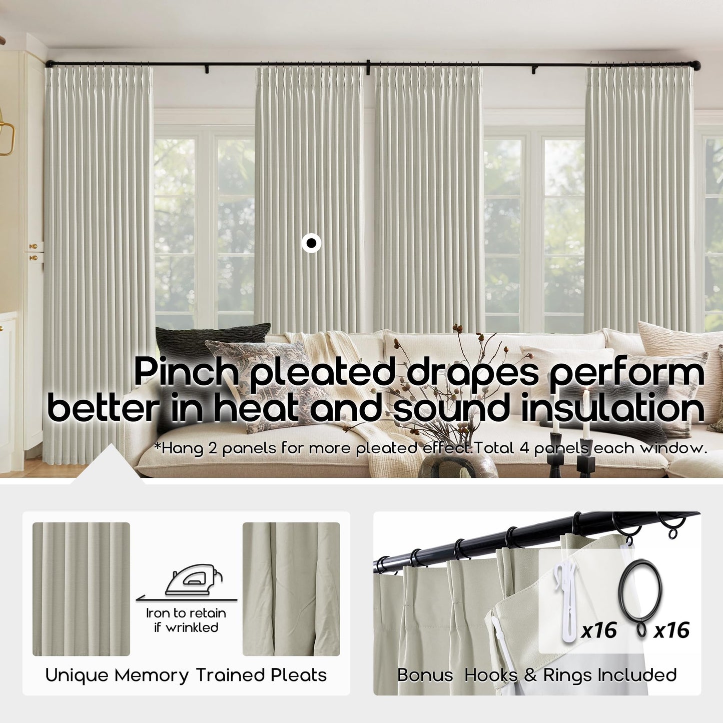 96 Inch Long Pinch Pleated Blackout Curtains for Bedroom,Linen Black Out Dark Rideaux Opaques 2 Panneaux