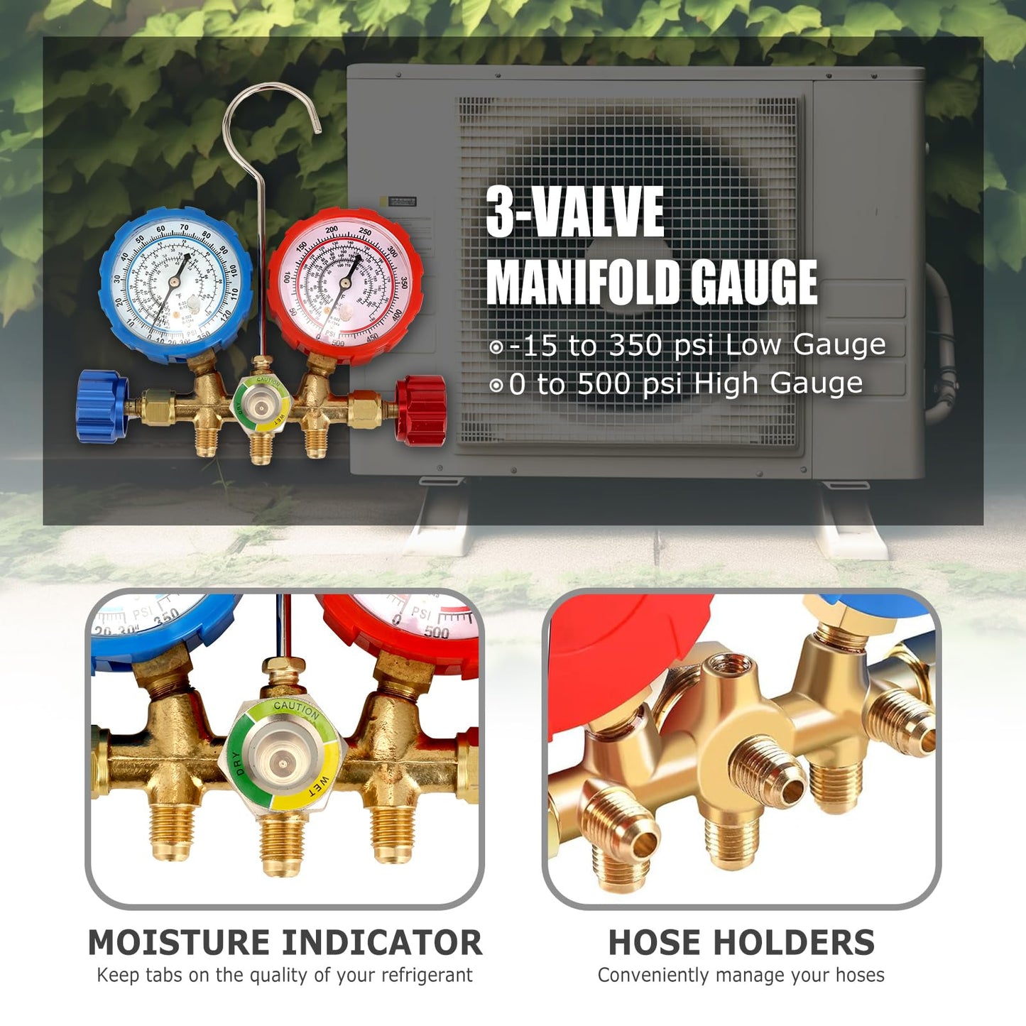 AURELIO TECH 3 Way AC Manifold Gauge Set, Fits for R134A R12 R22 and R502 Refrigerants, with 5FT Hose, Acme Tank Adapters, Quick Couplers and Can Tap (2022 Upgrade Version)