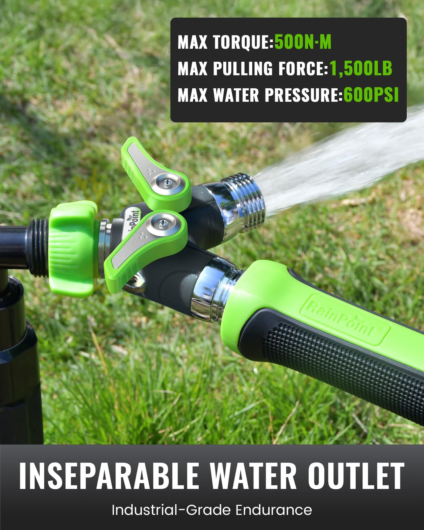 RAINPOINT Garden Hose Splitter, Heavy Duty Outdoor Faucet and Water Hose Splitter, All-Metal Water Hose Connector with Shut-Off Valve, 3/4" GHT Thread(Green)