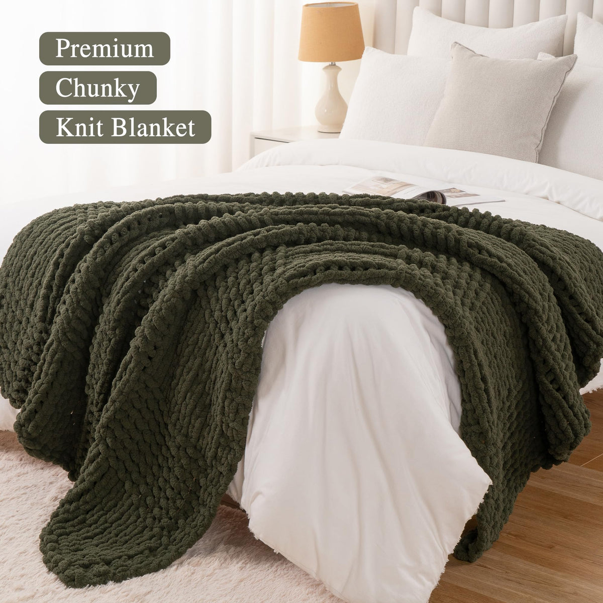 Bunnikins & Clover Olive Green Throw Blanket for Couch, Chunky Knit Blanket Throw with Chenille Yarn for Bed Living Room Home Decor, 50"x60"