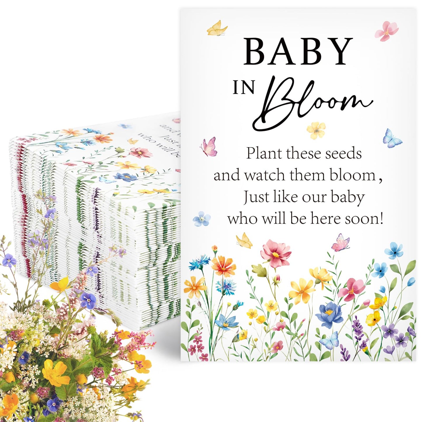 JarThenaAMCS 100Pcs Baby in Bloom Seed Packets Wildflower Baby Shower Party Favors for Guests Flower Self-Adhesive Envelopes Floral Seed Storage Pockets for Gender Reveal Party Supplies