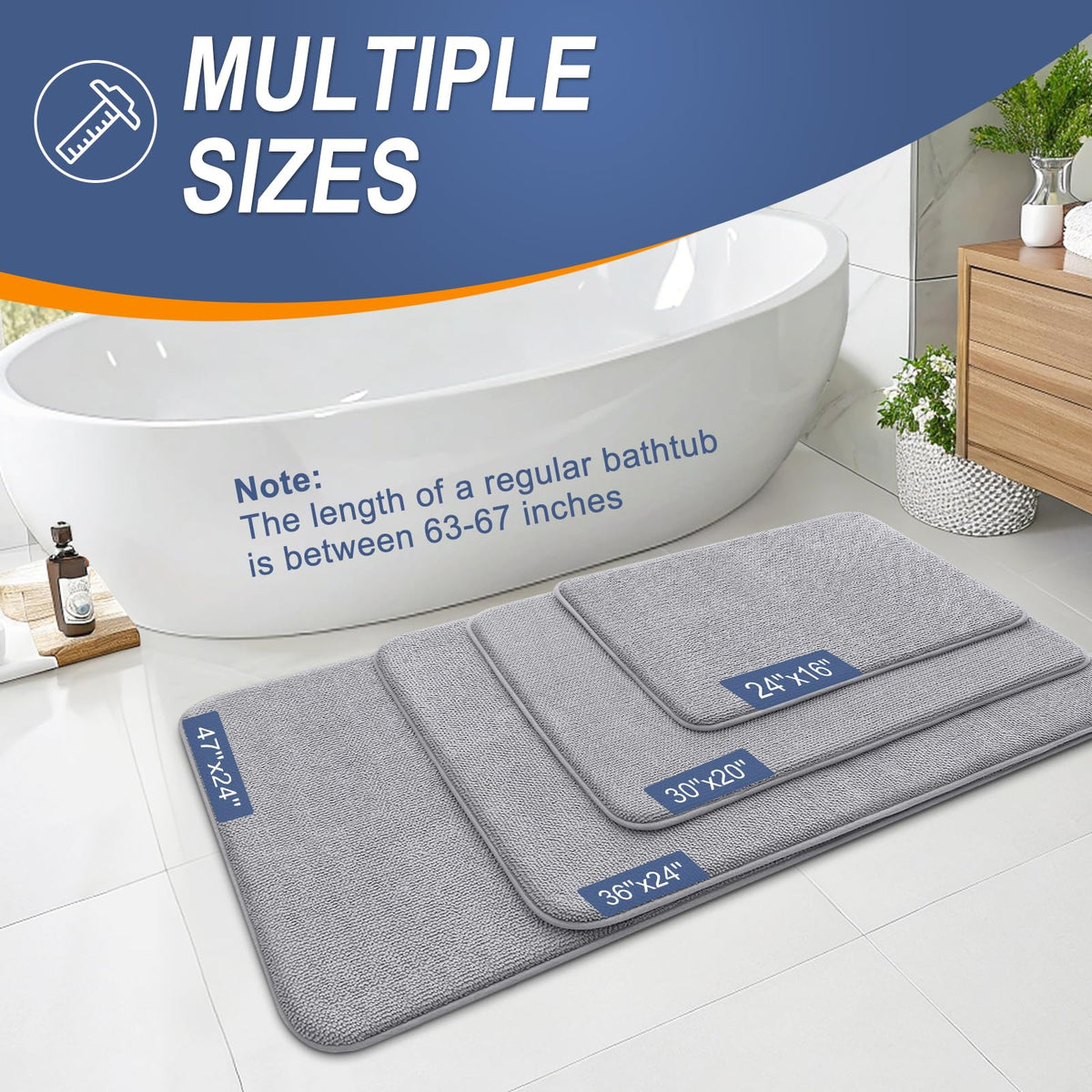 OLANLY Luxury Memory Foam Bath Mat, Extra Soft Absorbent Bathroom Mats, Quick Dry Bathroom Rugs, Non-Slip, Machine Washable Bath Mats for Bathroom Floor, Tub and Shower, 24x36, Grey