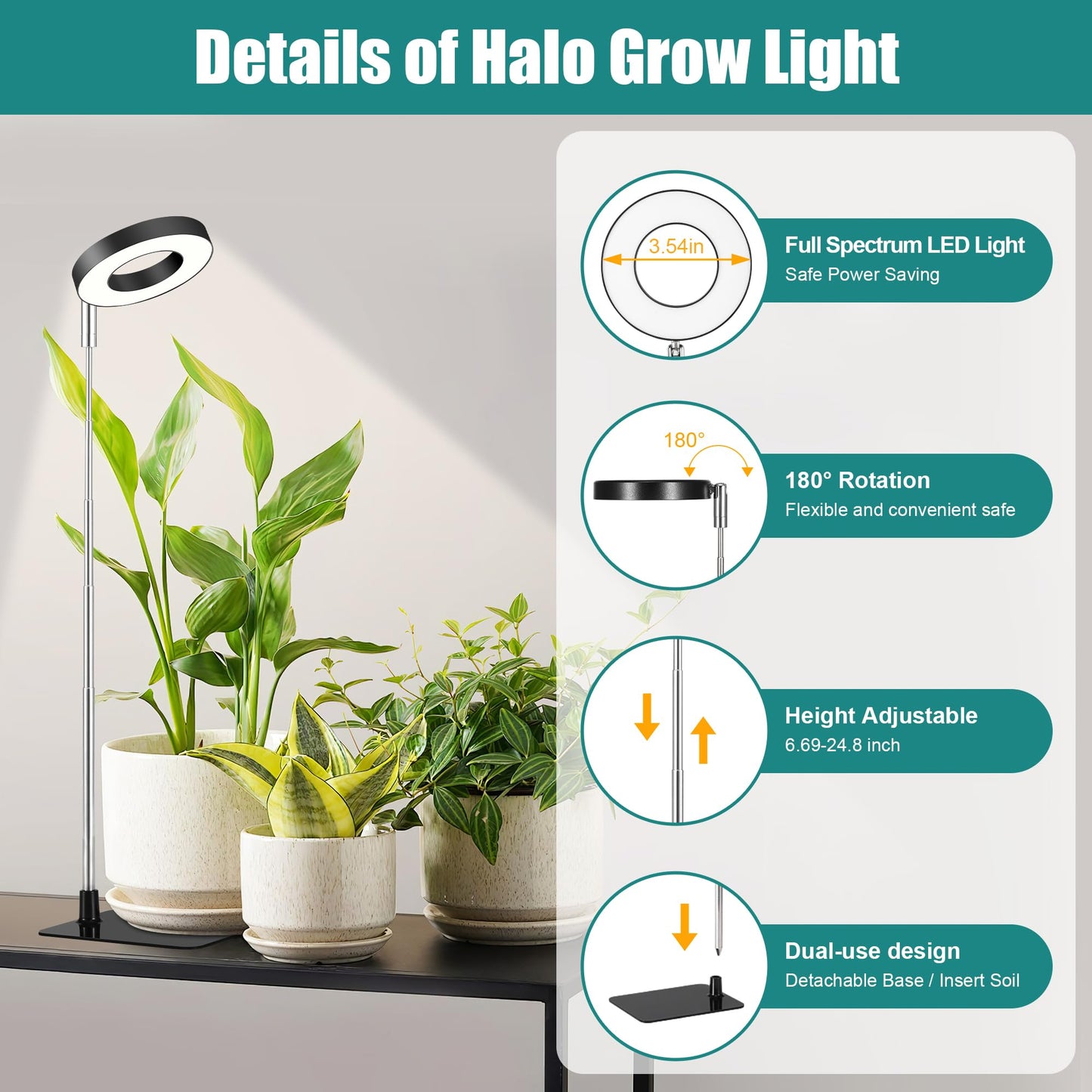 Plant Light for Indoor Plants, 48 LEDs Full Spectrum Growing Lamp, Height Adjustable Stand with Base, 3/9/12H Timer, 10 Brightness Levels, Black, 3 Pack