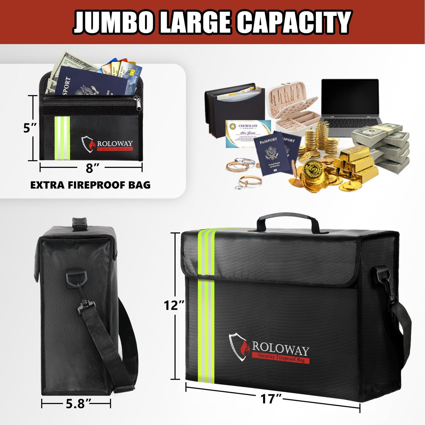ROLOWAY Large Fireproof Document Bag 5200°F Heat Insulated, Reflective Strip, Fireproof Money Bag, Lockable Zipper, Black, 17 x 12 x 5.8 inches