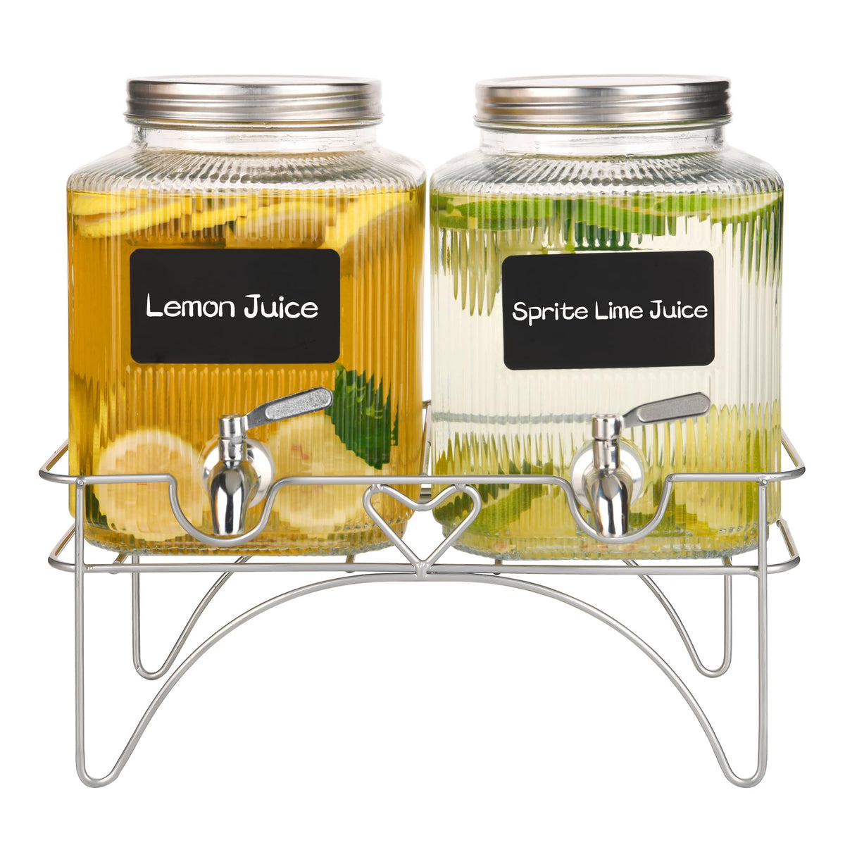 Lulonpon 2 x 4L(1.06 Gallon) Glass Drink Dispenser, Beverage Dispenser with Stainless Tap, Glass Water Juice Dispensers with Metal Stand, Water Jug with Tap Perfect for Parties,Weddings,Birthdays