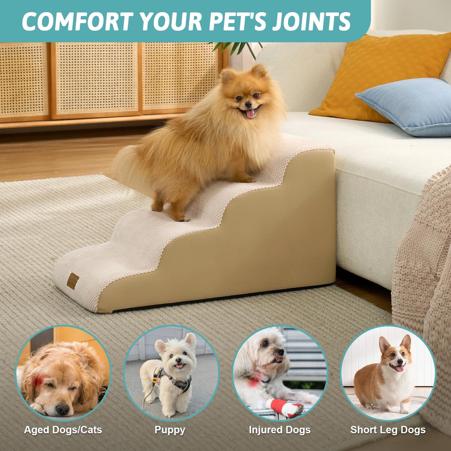 COZY KISS Dog Stairs for Small Dogs 15.7" H, 4-Step Slope Dog Ramp for Bed, Couch or Chair, Sturdy Pet Stairs for Puppy, Older Cat, Cat Stairs with High Density Foam, 15.7x28.3x15.7 inch, Beige