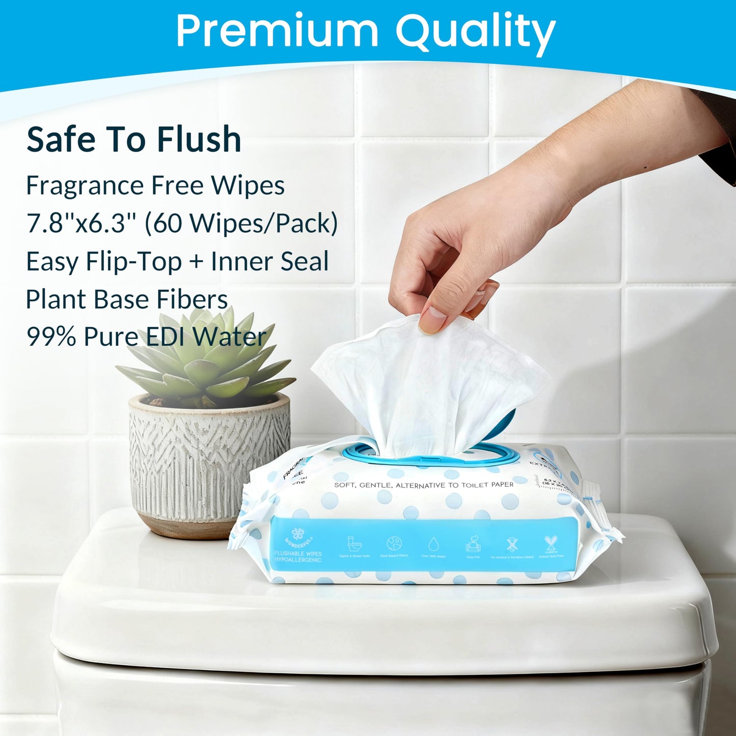 WONDERFUL Flushable Wipes, Unscented 100% Plant-Based Wet Butt Wipe for Adults & Kids, Sewer Septic Safe, Gentle for Sensitive Skin, Wipes Flushable Pack for Bathroom & Travel, 6-Pack (360 Counts)