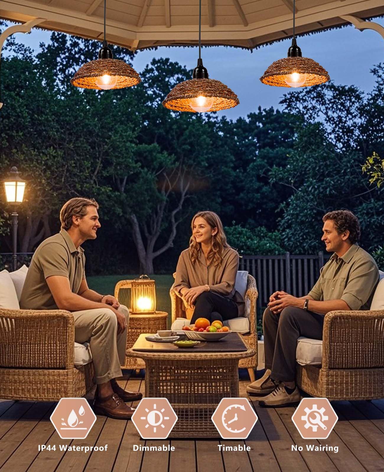 AVAMERY Outdoor Chandelier Lights Waterproof, Battery Operated Pendant Lights for Gazebo, Pergola, Patio, Porch, IP65 Weatherproof(3 Packs)