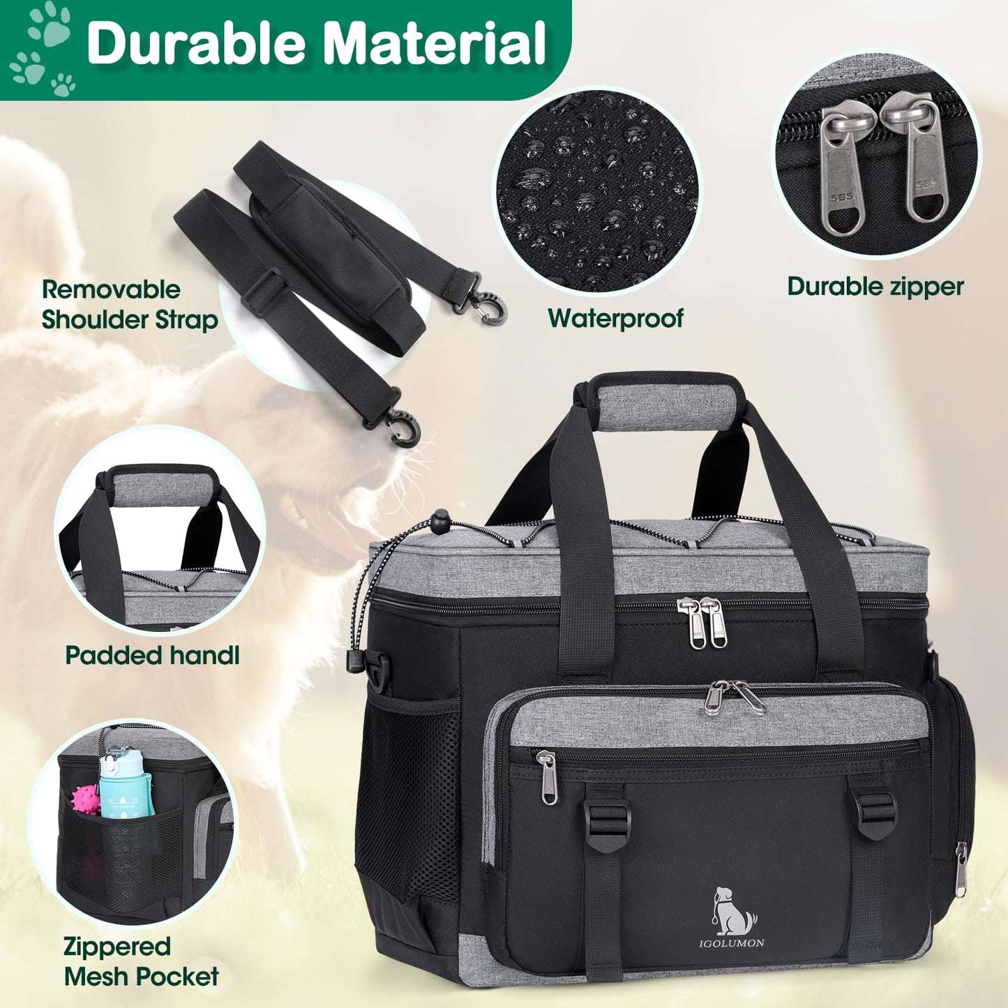 IGOLUMON Dog Travel Bag Weekend Pet Travel Bag Set for Supplies Large Dog Camping Kit Airline Approved Tote Organizer with Multi Pockets, 2 Large Food Containers, 2 Dog Bowls, 1 Feeding Mat