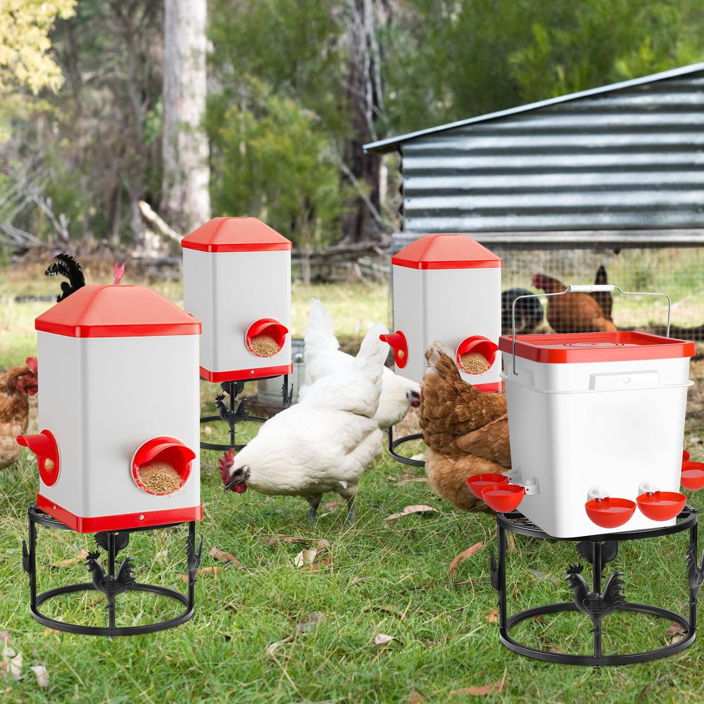 MeyRolizn Metal Stand for Chicken Feeder Waterer, Heavy Duty Poultry Water Feeder Stand Holder with Basin, Rustproof Iron Chicks Feeding Buckets Support Shelves for Indoor Outdoor (Black 2pc)