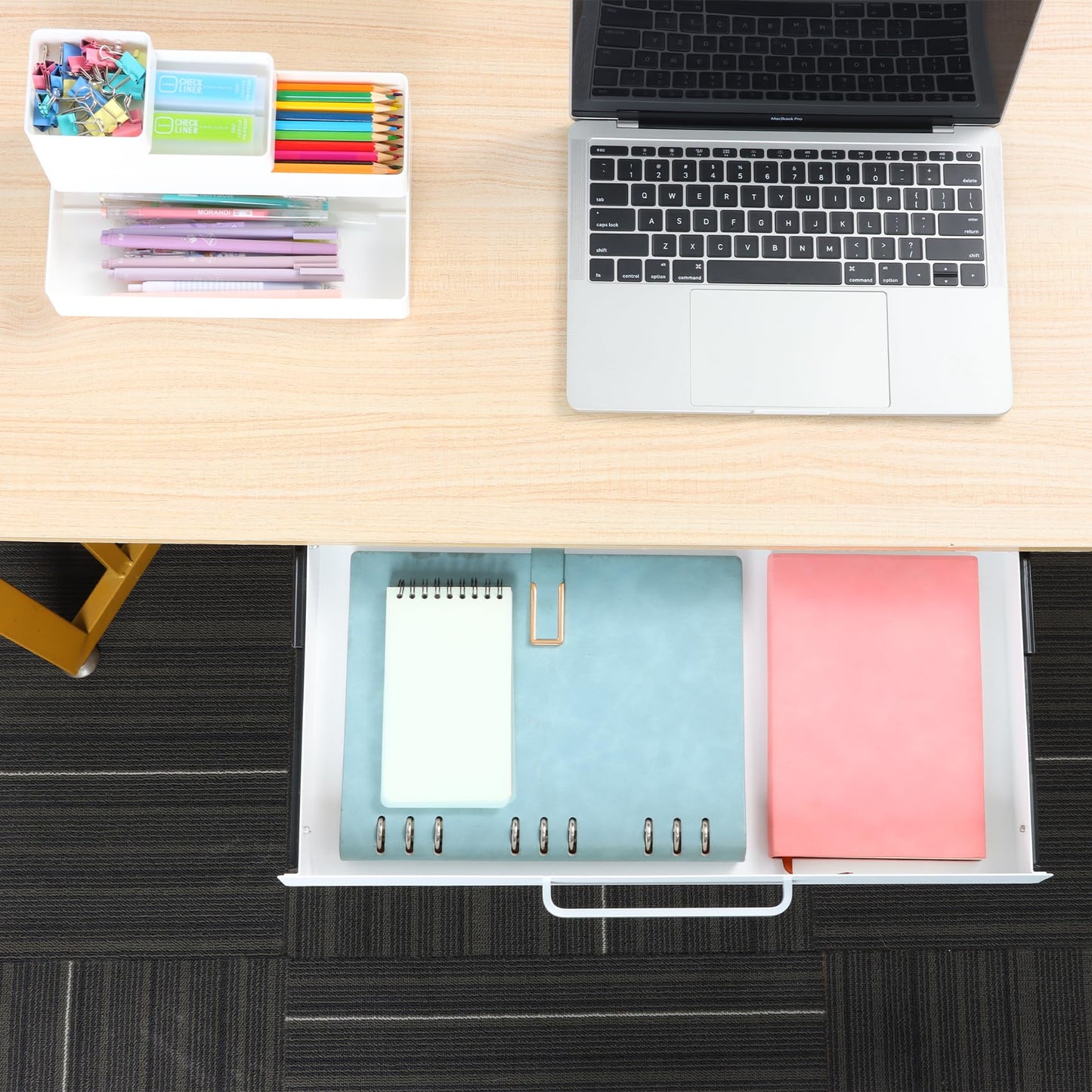 OSteed Under Desk Drawer White 54cm with 4 Divider Trays, Metal Pull Out Storage Drawer for Workbench, Standing Desk Drawer Attachment, Attachable Desk Organizer, Under Shelf Pencil Drawer Slide-out