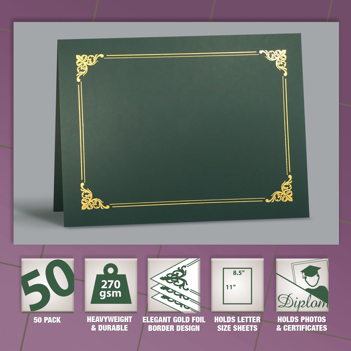 50 Pack Certificate Holders, Diploma Holders, Document Covers with Gold Foil Border, by Better Office Products, for Letter Size Paper, 50 Count (Hunter Green)
