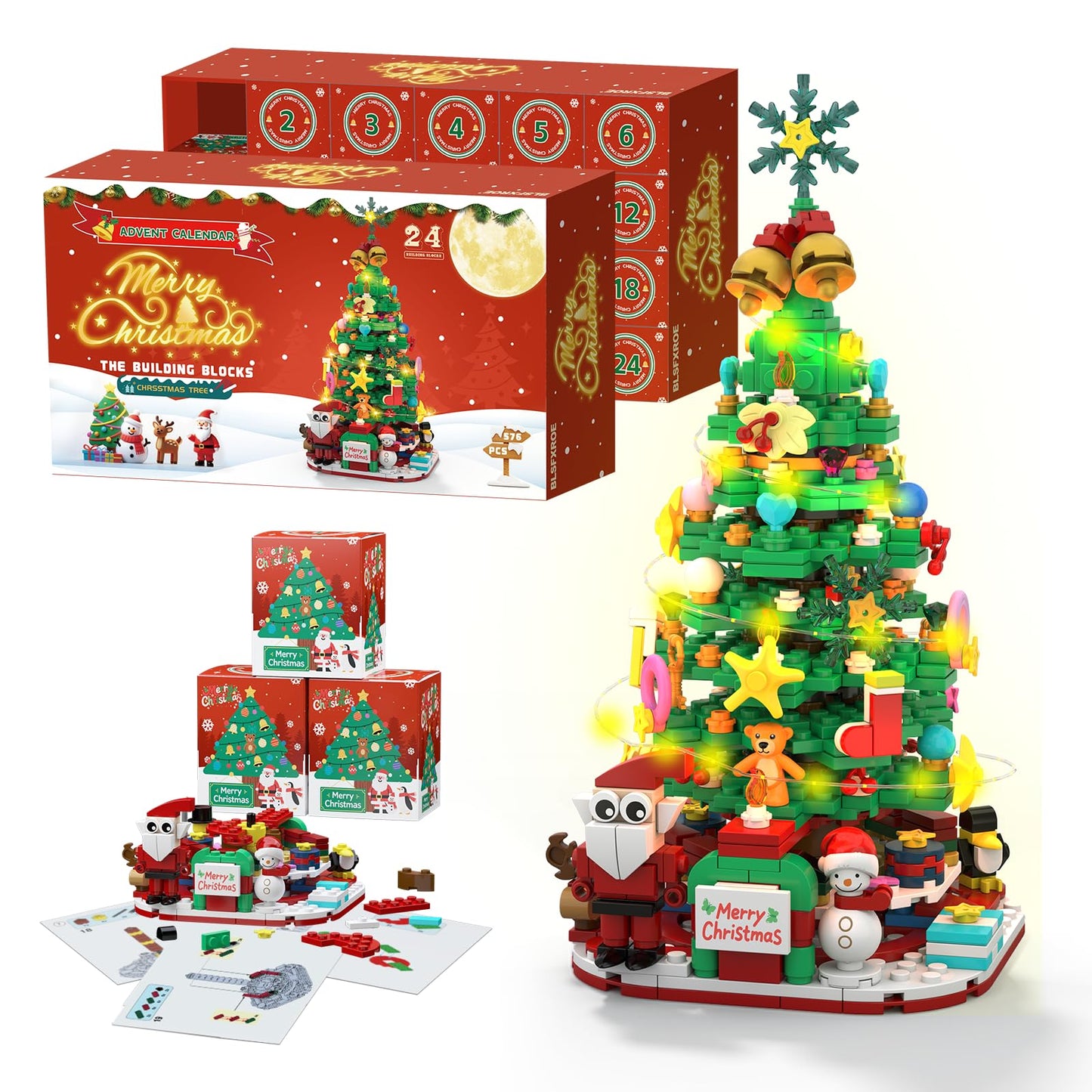 Advent Calendar 2025 Christmas Tree Advent with LED Light,24 Days Christmas Tree Building Block Toy Set，Christmas Gifts for Adults Teens Kids