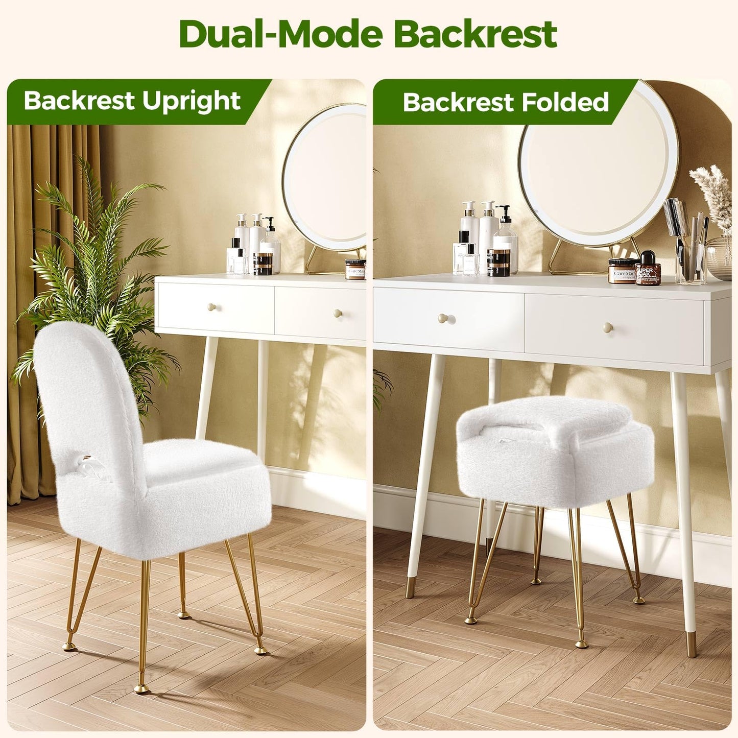 Greenstell Vanity Stool Chair with Storage and Folding Back, 13.4" L x15 W x 30.0" H Square Soft Ottoman, 4 Metal Legs with Anti-Slip Feet, Furry Padded Seat for Makeup, Bedroom, White