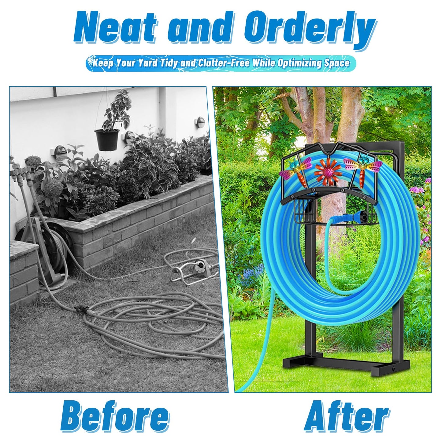 MeyRolizn Garden Hose Holder, Freestanding Water Hose Holder with Storage Basket, Heavy Duty Metal Hose Reels Hanger Stand Organizer with 4 Spikes for Outside Yard Lawn Black