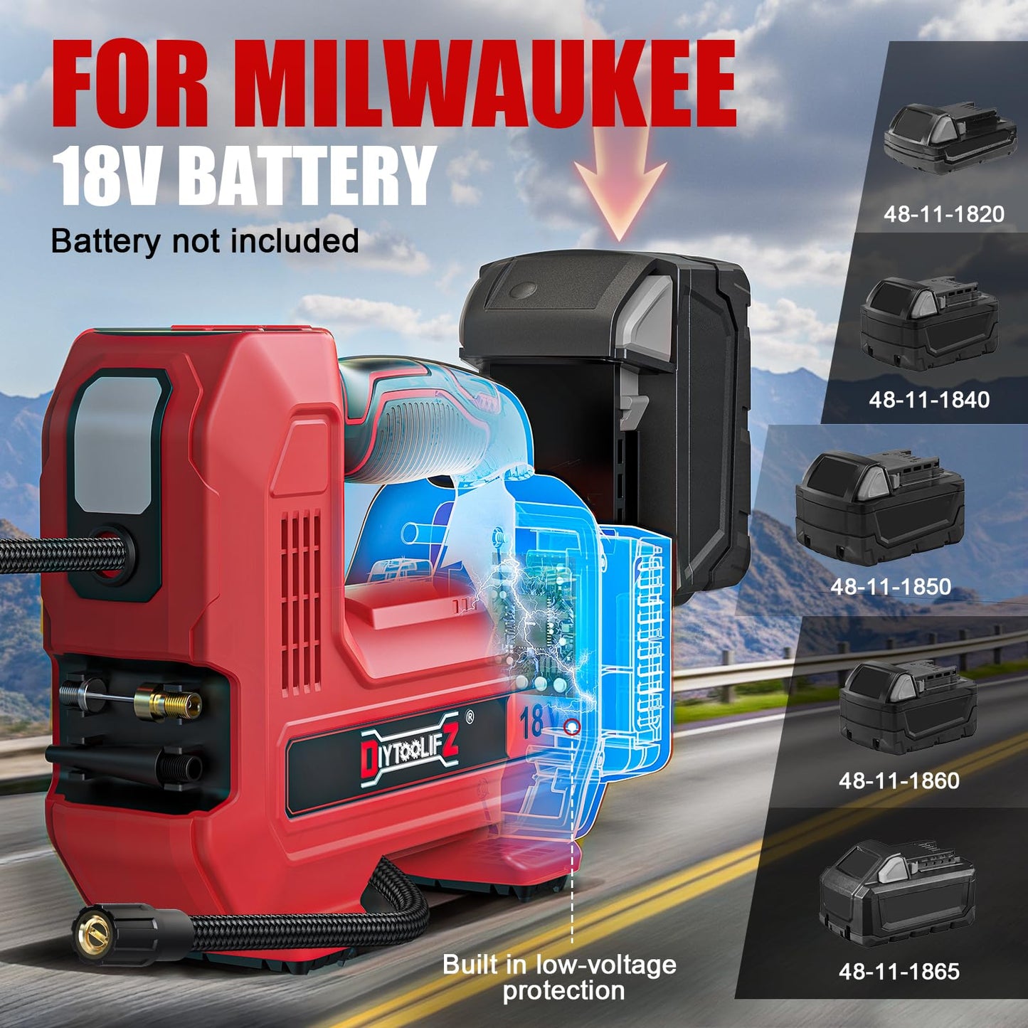 DIYtoolifz Cordless Tire Inflator Air Compressor Compatible with Milwaukee 18V, 160PSI Portable LED Light Handheld Air Pump with Digital Pressure Gauge for Cars Motorcycles Bikes