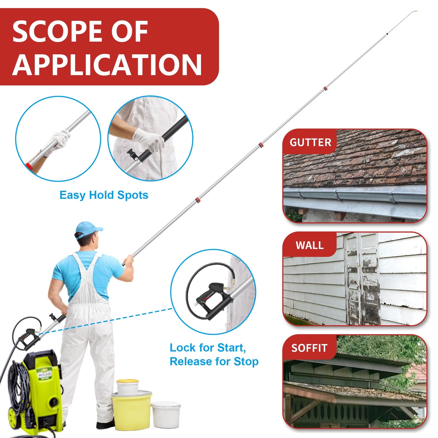 24 FT Telescoping Pressure Washer Wand - High Pressure Washer Wand Included Power Washer Extension Wands, Gutter Cleaner, Brush, Spray Nozzle Tips, Hose Adapters and Support Belt (24FT-HSE)