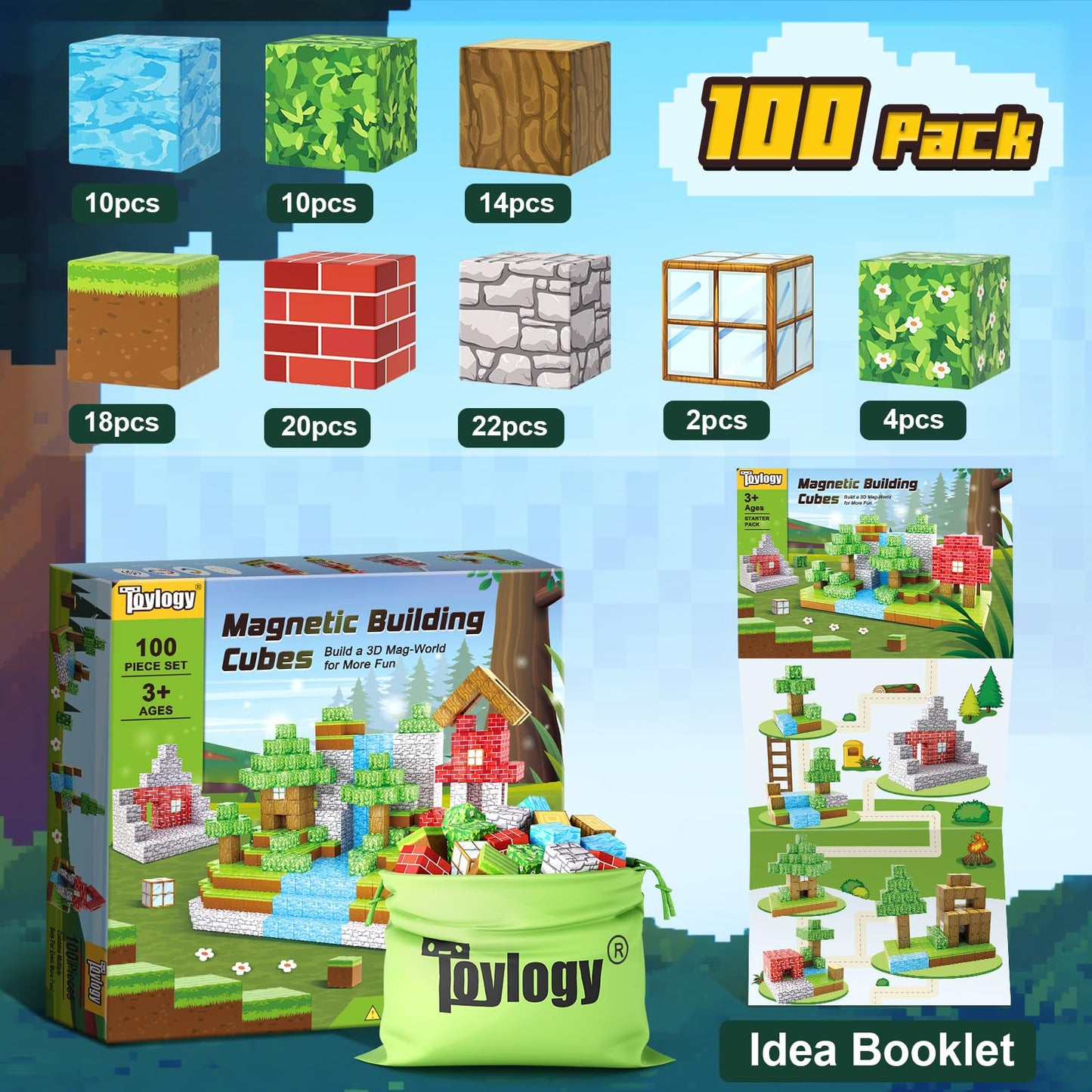 100PCS Magnetic Blocks-Build Mine Magnet World Forest Edition Toddler Toys for 3+ Years Old Boys, Magnetic Tiles Sensory Building Toys for Toddlers Gifts for Boys Age 4-6 5-7, Creative Kids Games