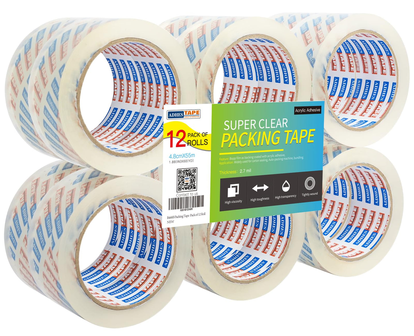 ADHES Shipping Tape Packaging Tape Packing Tape for Moving Boxes Heavy Duty Clear, 55M Per Roll 1.88 Inch Width,2.7Mil(12Rolls)