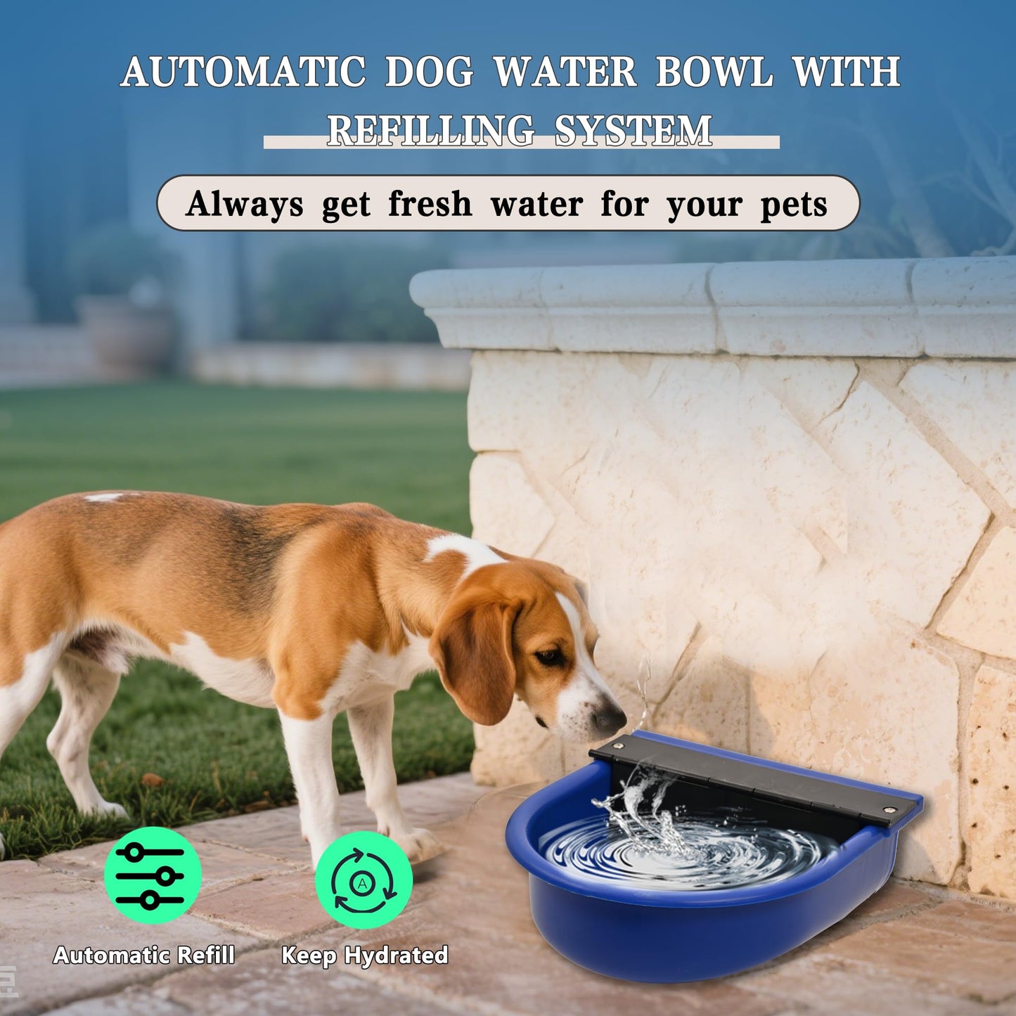 Boajf Automatic Water Dispenser for Dogs, with Drainage System & Auto Fill, 1 Gallon Plastic Outdoor Pet Waterer, Includes Drain Valve, Float Valve, Hose Quick Connector, for Horse, Chicken (Blue)