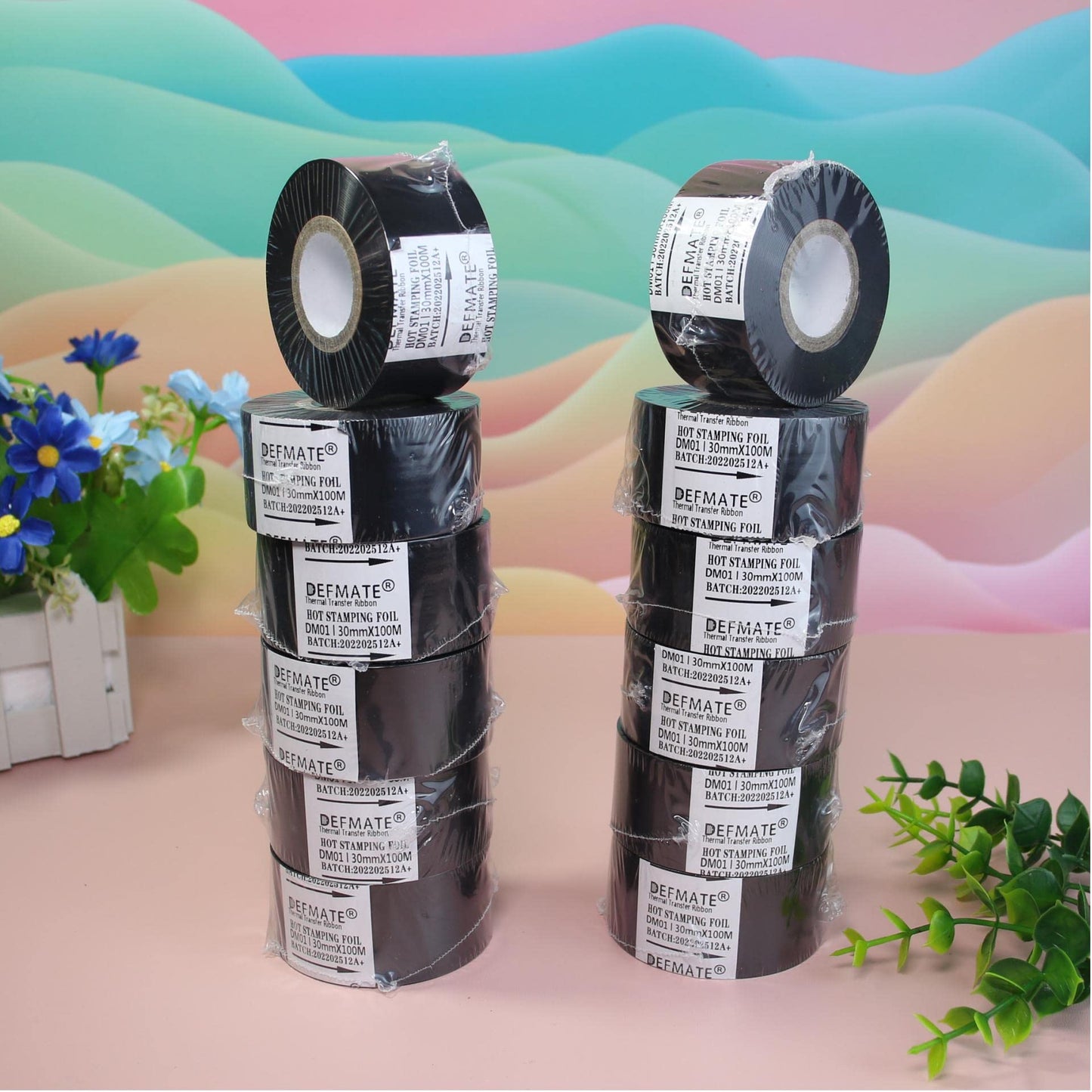 DEFMATE 12 Rolls 30mm x 100m Black Hot Stamping Foil Thermal Transfer Ribbon Resin for Coder Printer Machine, Black Color Ribbon for Coding Machine