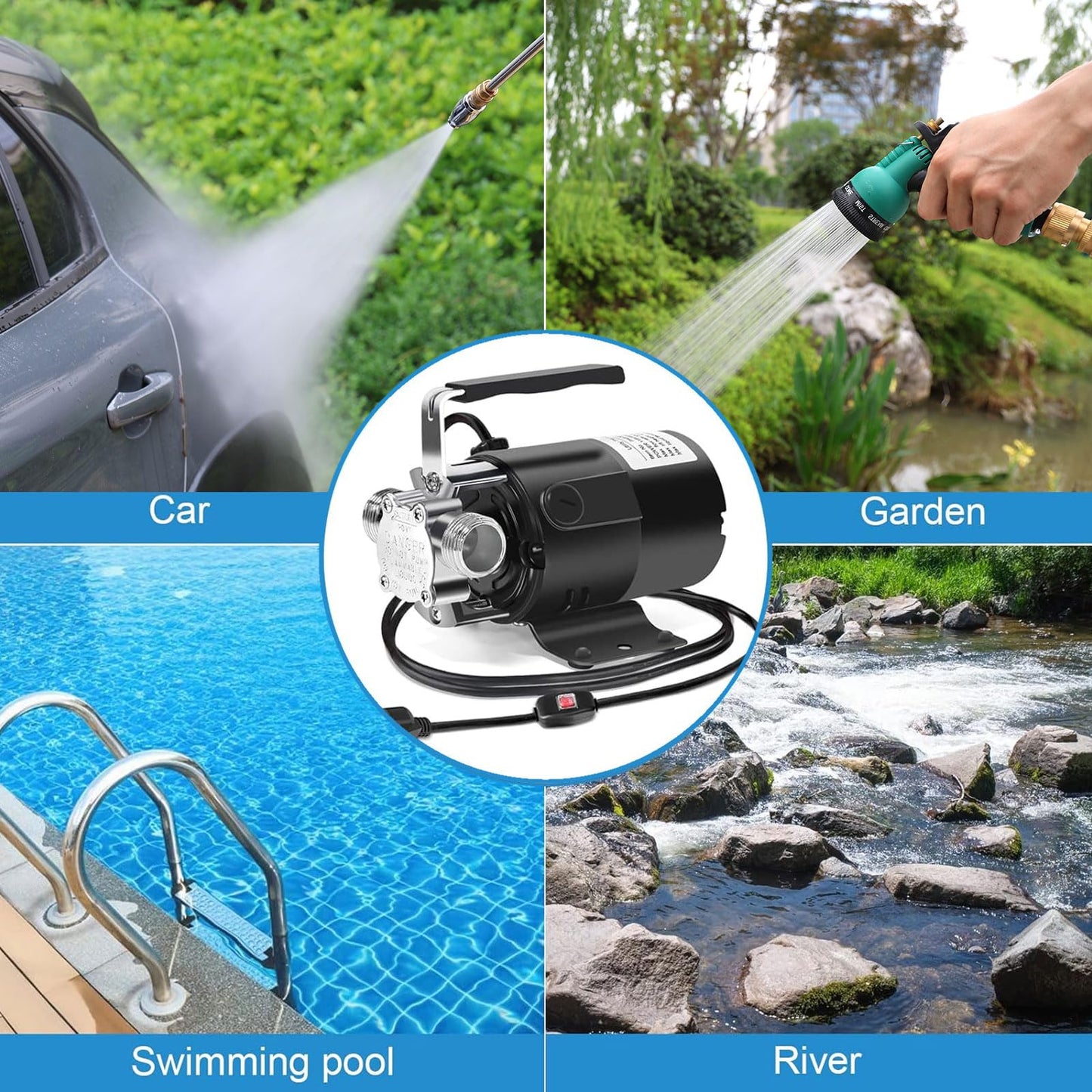 Water Transfer Pump, 115V 1/10HP Electric Utility Pump with On/Off Switch 2 * 6ft Water Hoses Kit for Removing Water from Garden Pools Aquariums Hot Tub Draining 1/8’’ Low Suction