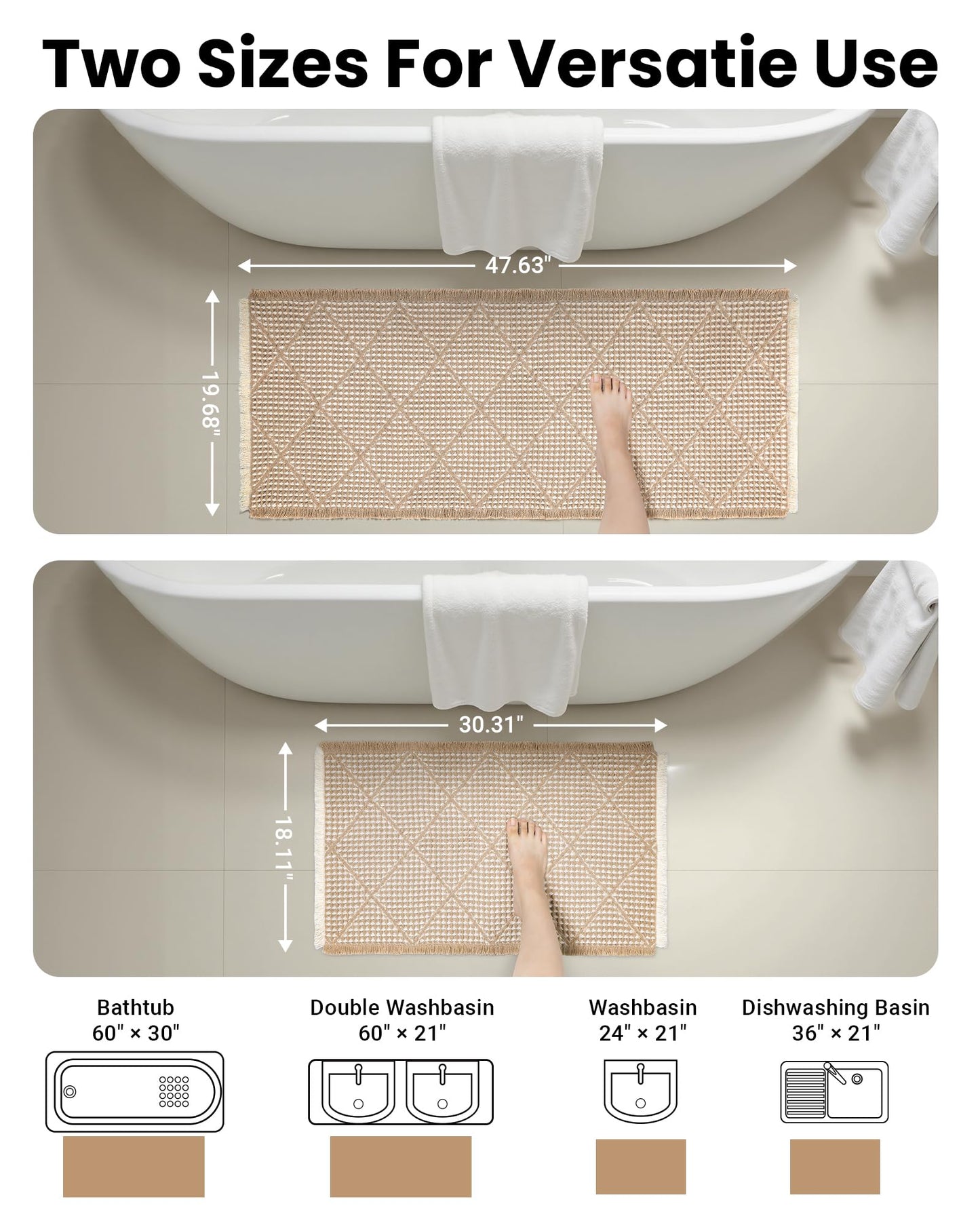 Furicher Waffle Bath Mat Non Slip, Boho Bathroom Mat Set 2 Piece, Ultra Absorbent Bathroom Rug, Brown Bath Mats for Bathroom Decor, Long Washable Bath Mat, Bathroom Runner 20"×47" + 18"×30"