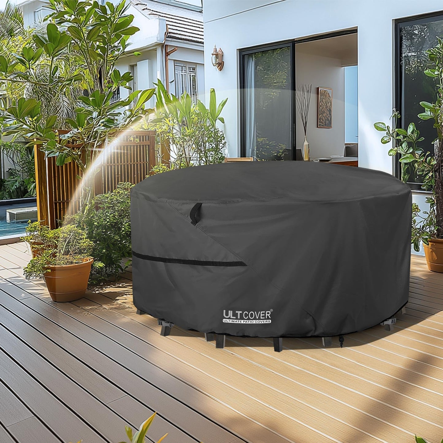 ULTCOVER Round Patio Furniture Cover - Outdoor Waterproof Table with Chair Set Cover 60 inch, Black