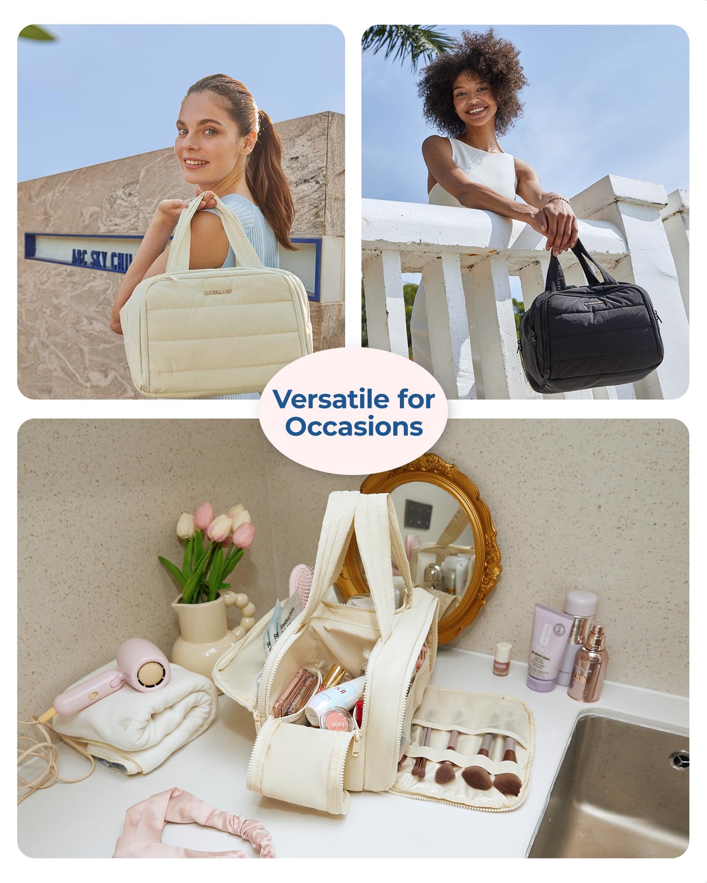 BAGSMART Travel Toiletry Bag, Puffy Toiletry Bag for Women, Wide-open toiletry bags for traveling, Large Travel Cosmetic Makeup Bag Organizer for Accessories,Toiletrie, d-Light Purple, Large, Puffy