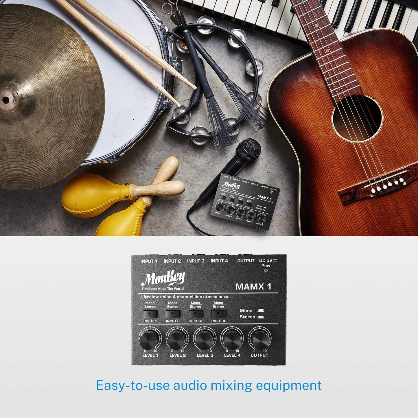 Moukey Stereo Mini Audio Mixer, Ultra Low-Noise 4-Channel Line Mixer for Sub-Mixing, DC 5V Audio Mixer with USB Cable, Ideal for Small Clubs or Bars, As Microphones, Guitars, Bass, Keyboards-MAMX1