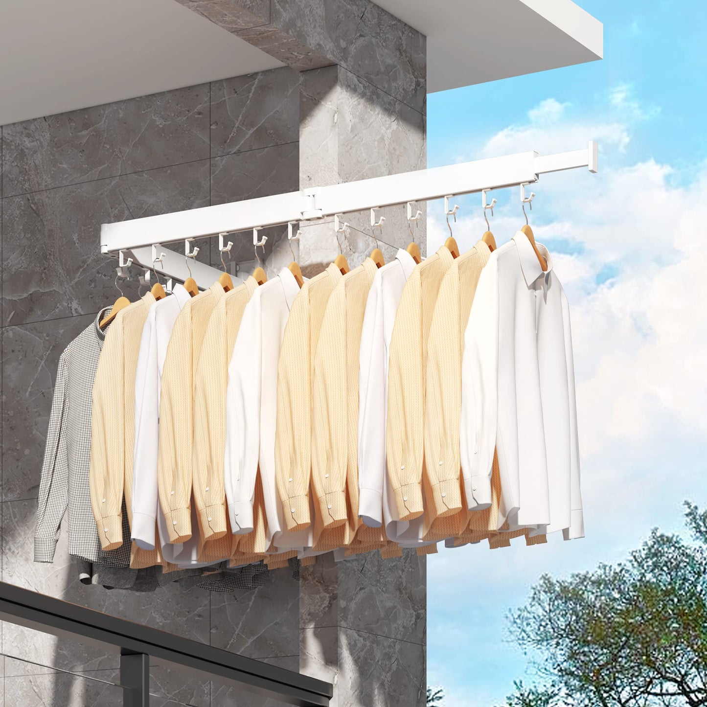 Clothes Drying Rack,Wall Mounted Drying Rack,Drying Rack Clothing,Laundry Drying Rack,Clothes Hanging Rack,Laundry Rack Wall Mount,Retractable,Collapsible Drying Rack Clothing (J Shape Hooks，White