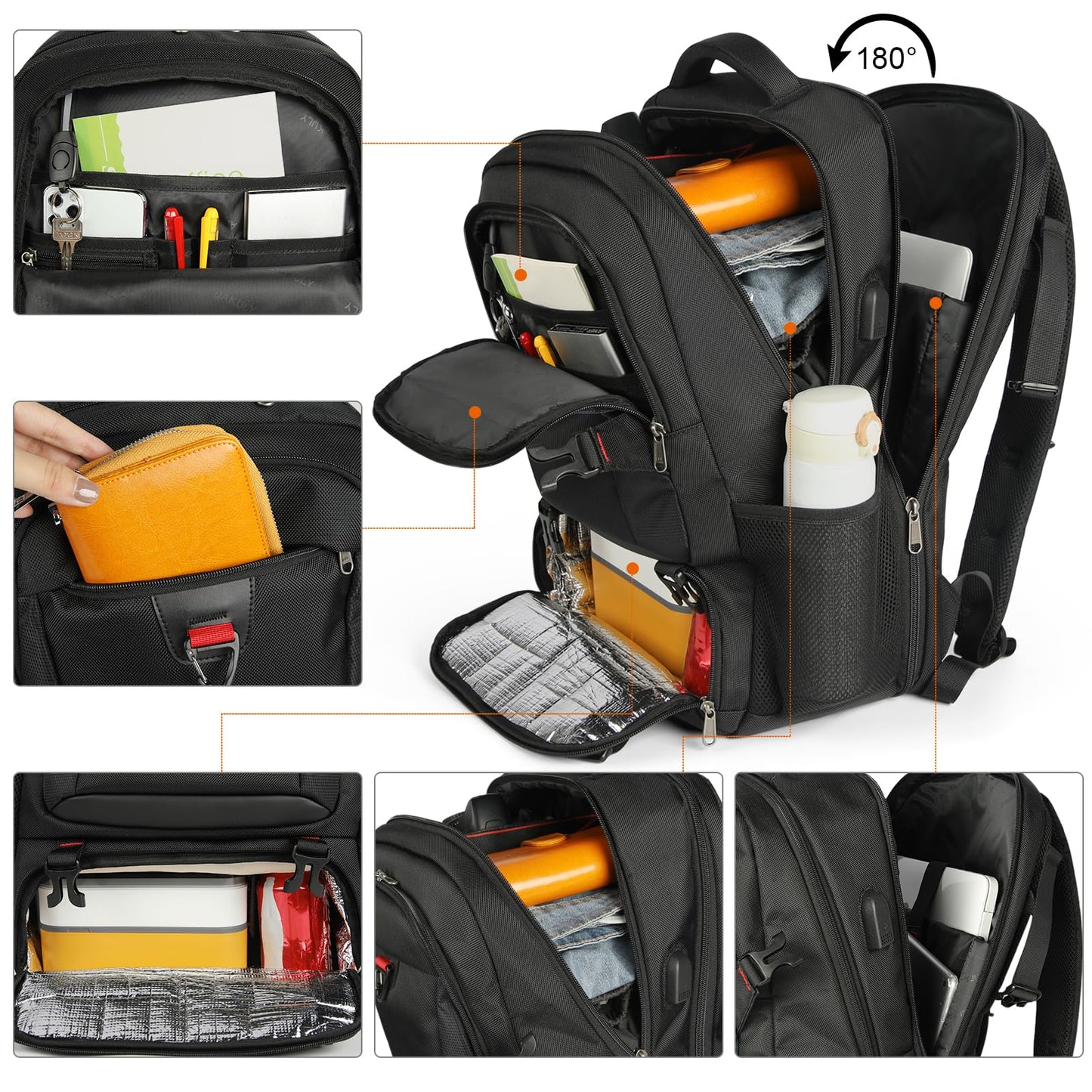 Lunch Backpack, 17.3 Inch Laptop Backpack with USB Charging Port 50L Travel Backpack for Men Women Work Backpack with Insulated Bag Waterproof Computer Backpack for College School Business, Black
