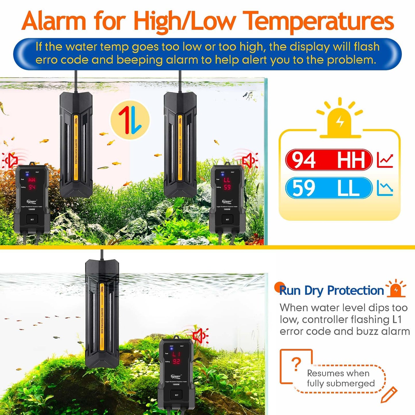 hygger Submersible Fish Tank Aquarium Heater 500W with Digital Display, Adjustable Temperature, Triple Protection, Beeping Alarm for Saltwater, Freshwater, Turtle Tanks & Ponds